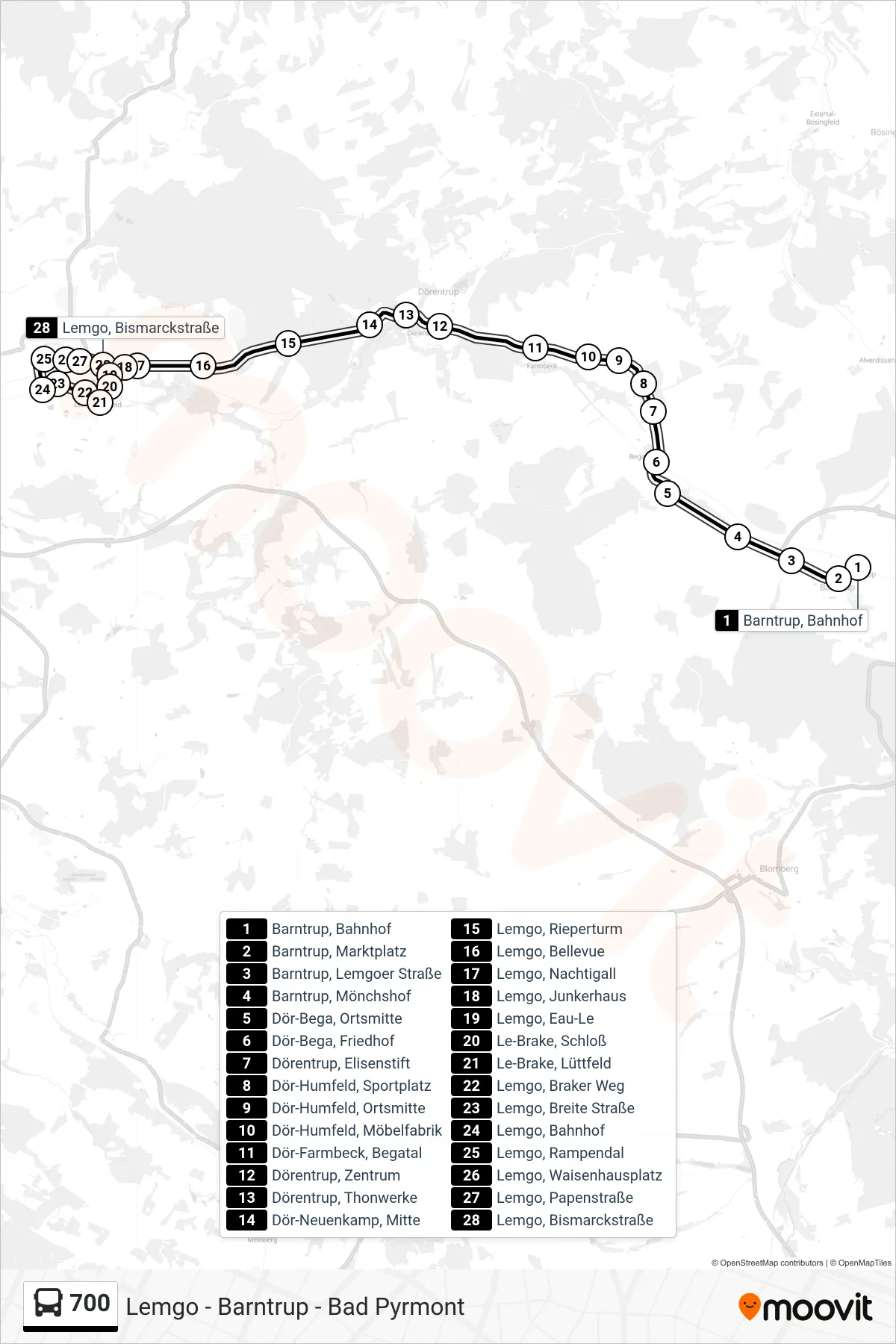 700 bus Line (Lemgo, Bismarckstraße) route and stops on a map