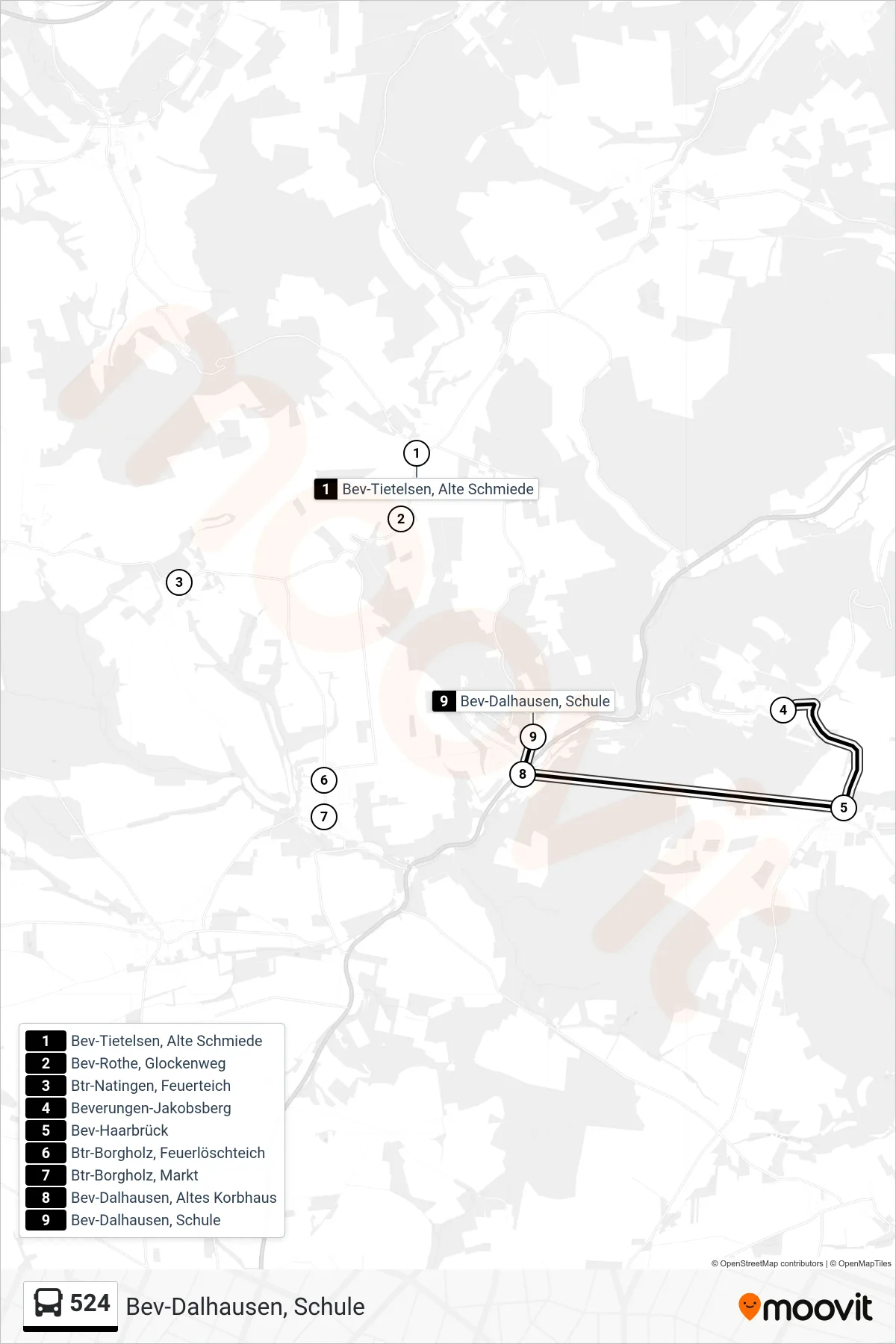 524 bus Line (Bev-Dalhausen, Schule) route and stops on a map