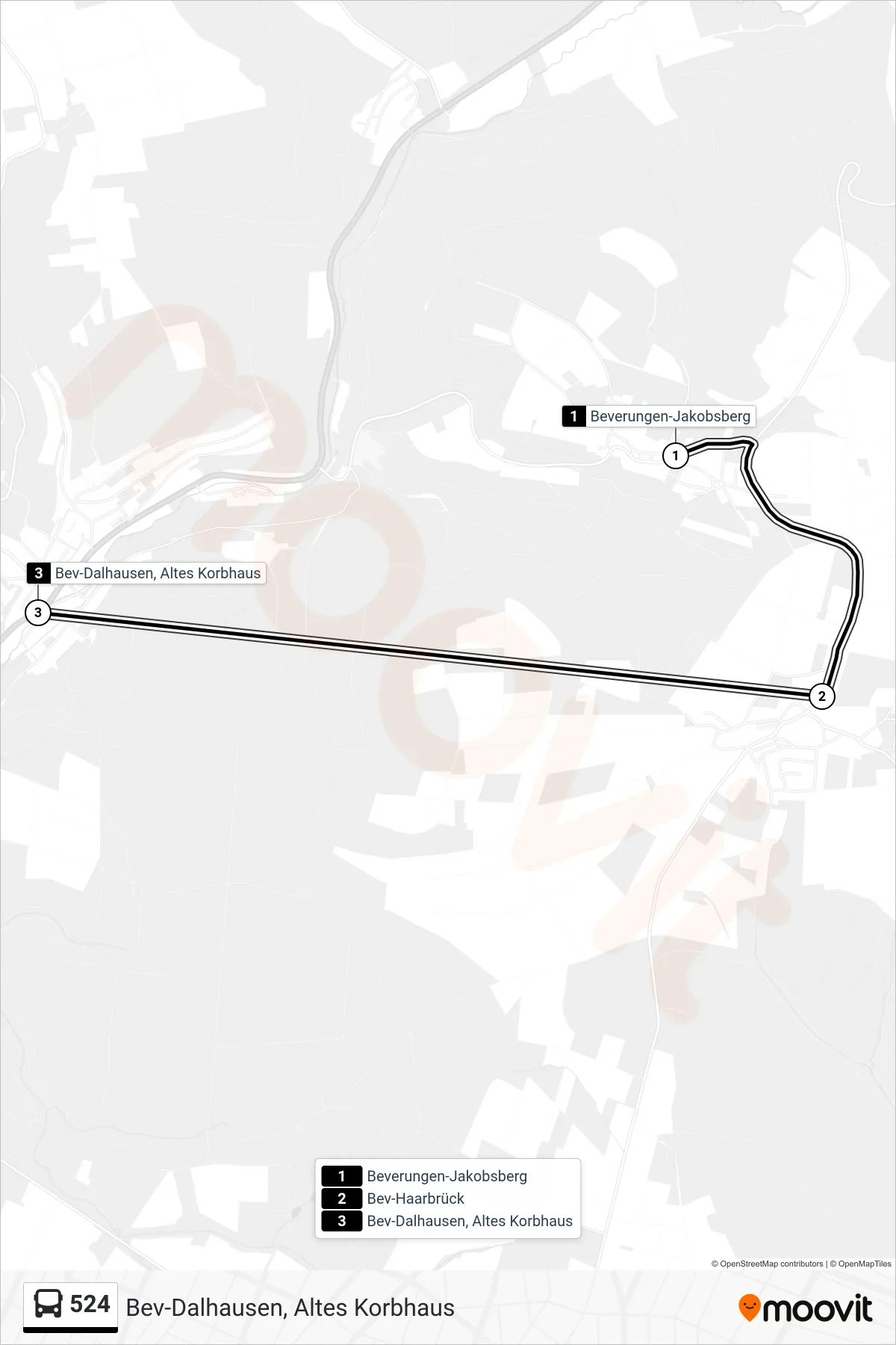 524 bus Line (Bev-Dalhausen, Altes Korbhaus) route and stops on a map