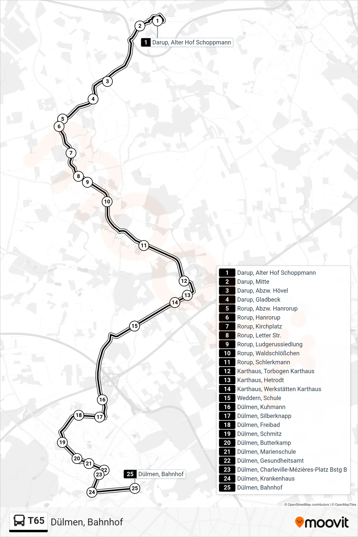 T65 bus Line (Dülmen, Bahnhof) route and stops on a map