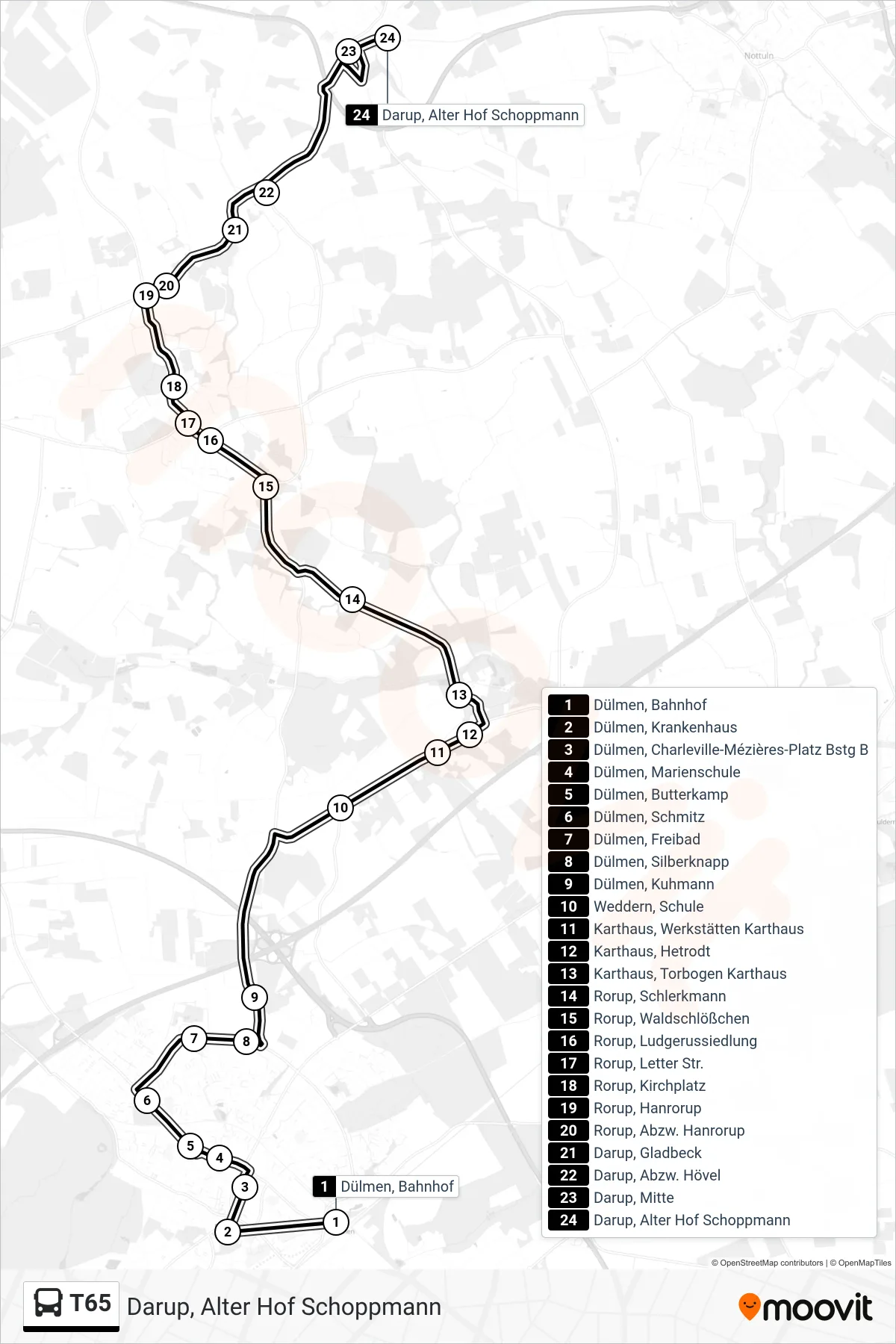 Linie T65 (Bus) Richtung Darup, Alter Hof Schoppmann: Route und Haltestellen auf der Karte