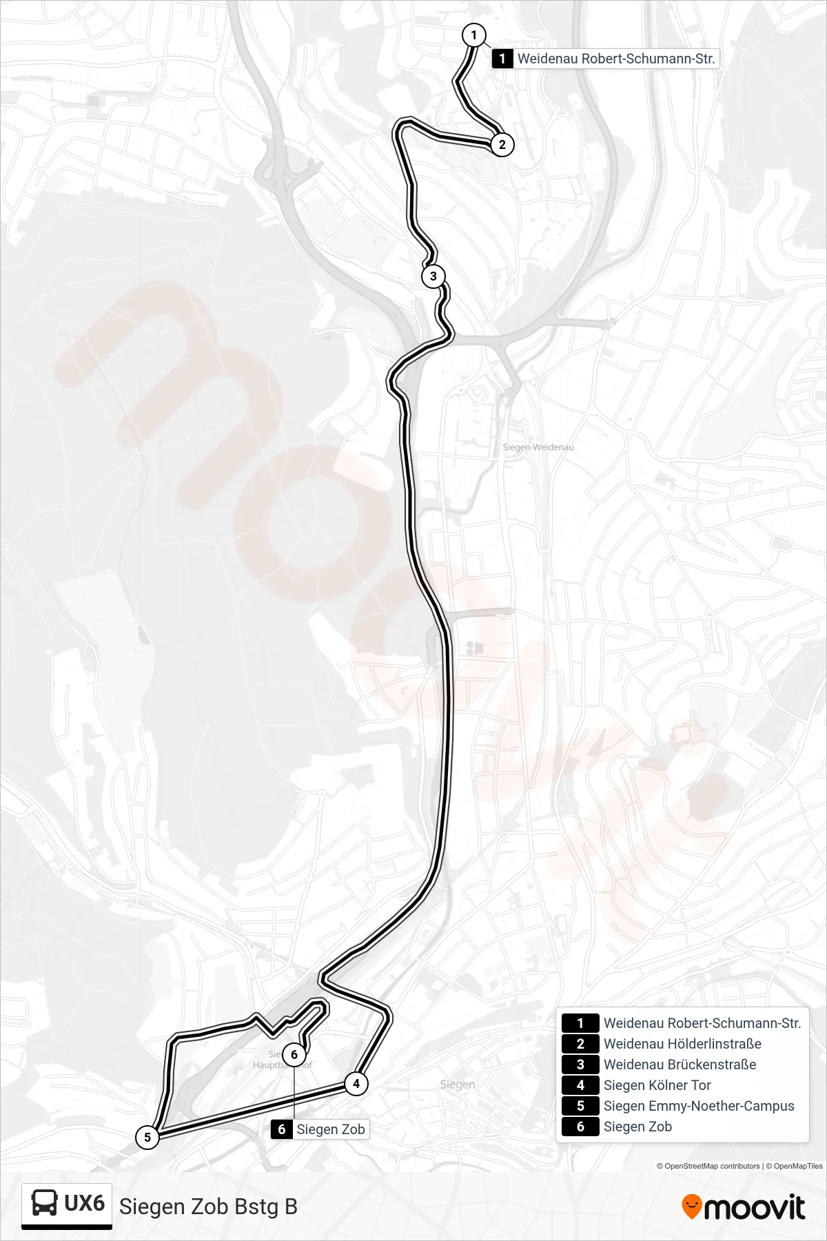 Linie UX6 (Bus) Richtung Siegen Zob Bstg B: Route und Haltestellen auf der Karte
