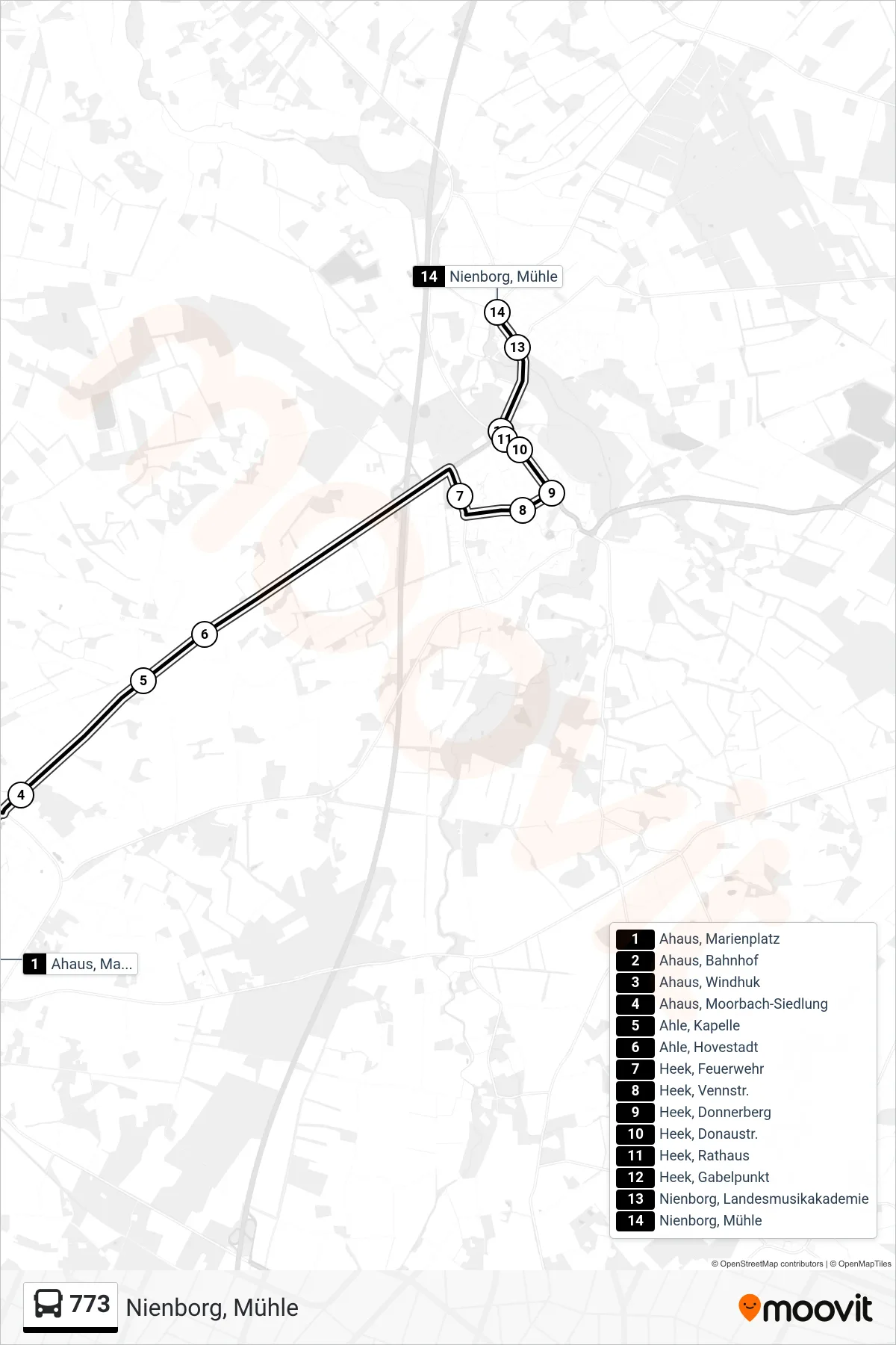 773 bus Line (Nienborg, Mühle) route and stops on a map