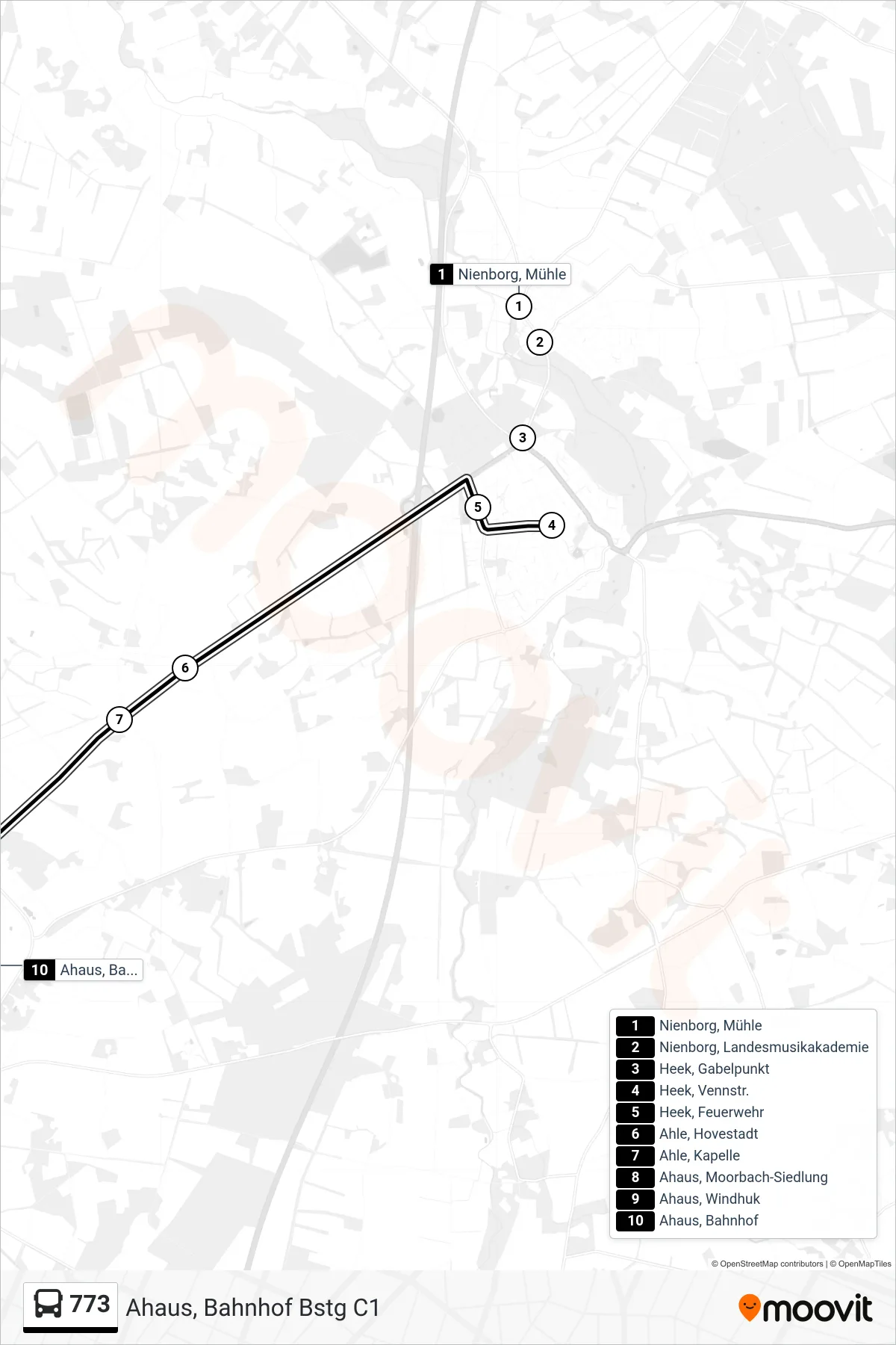 773 bus Line (Ahaus, Bahnhof Bstg C1) route and stops on a map