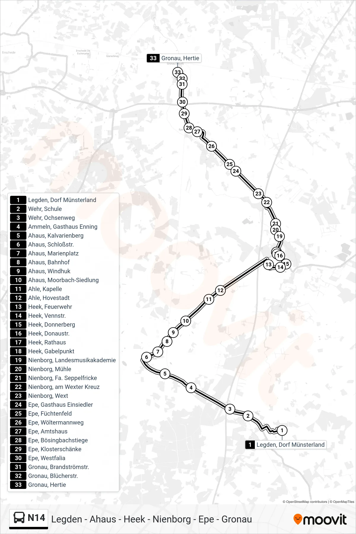 N14 bus Line (Gronau, Hertie) route and stops on a map