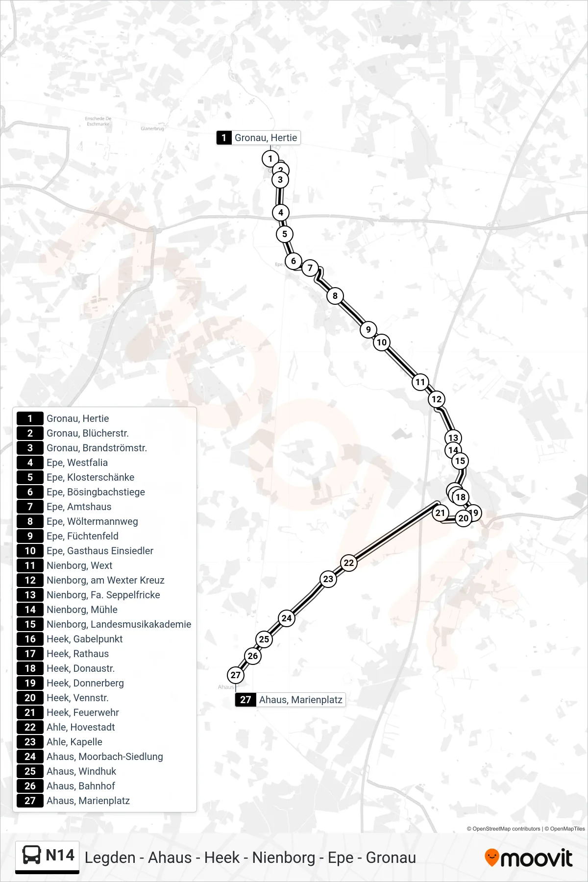 N14 bus Line (Ahaus, Marienplatz) route and stops on a map