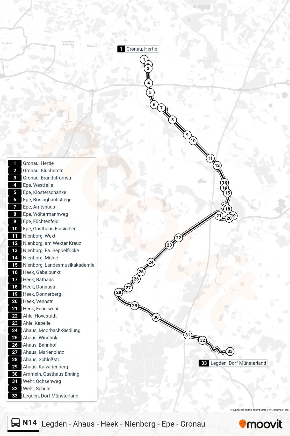Linie N14 (Bus) Richtung Legden, Dorf Münsterland: Route und Haltestellen auf der Karte