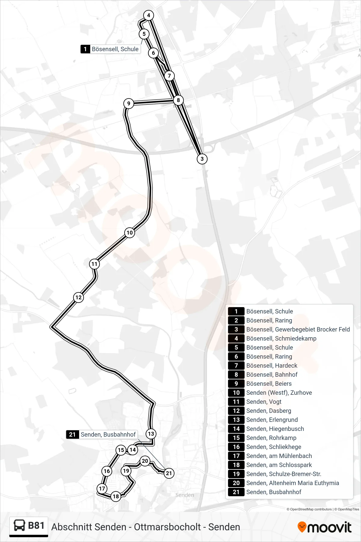 B81 bus Line (Senden, Busbahnhof Bstg B) route and stops on a map