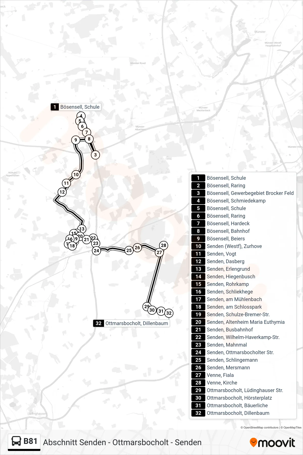 Linie B81 (Bus) Richtung Ottmarsbocholt, Dillenbaum: Route und Haltestellen auf der Karte