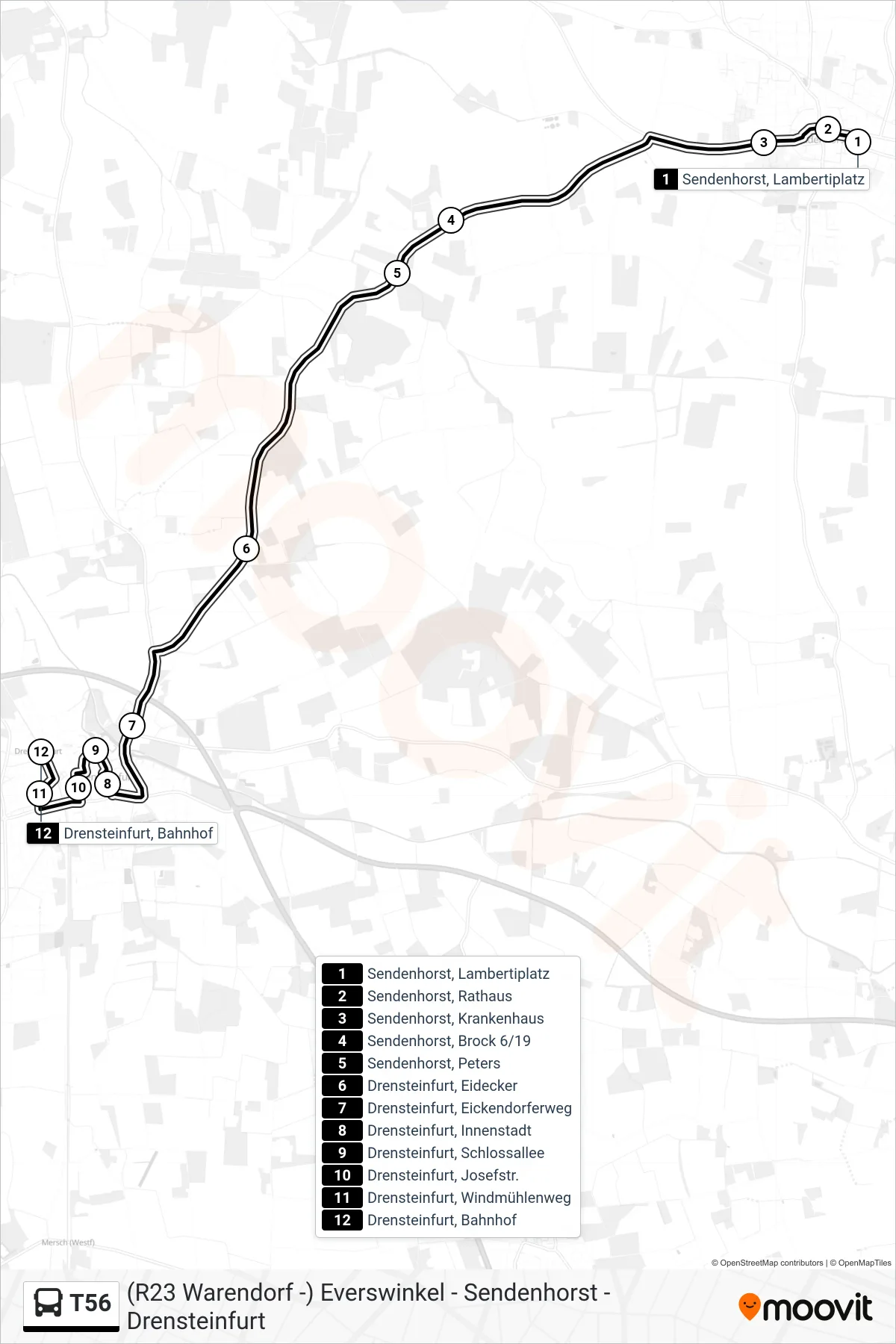 T56 bus Line (Drensteinfurt, Bahnhof) route and stops on a map