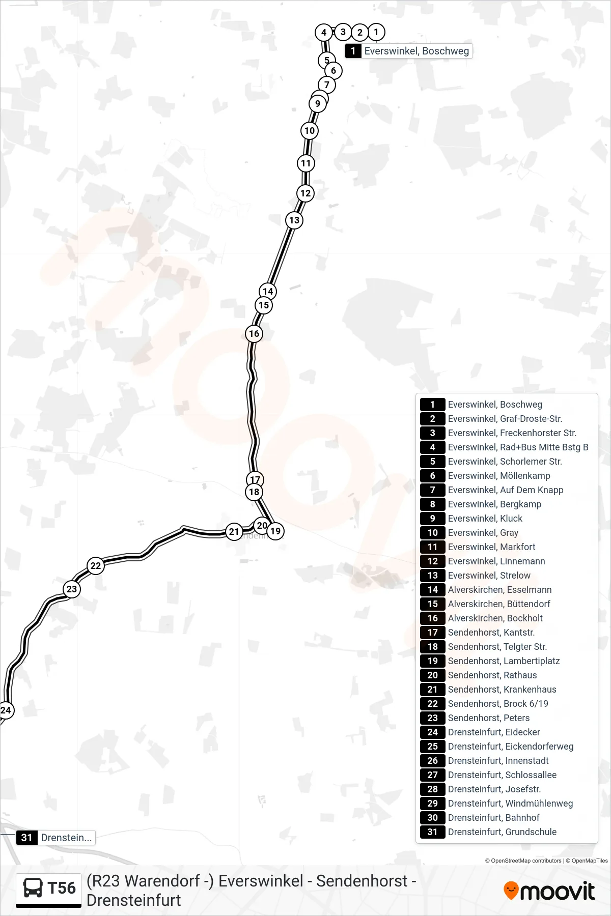 T56 bus Line (Drensteinfurt, Grundschule) route and stops on a map