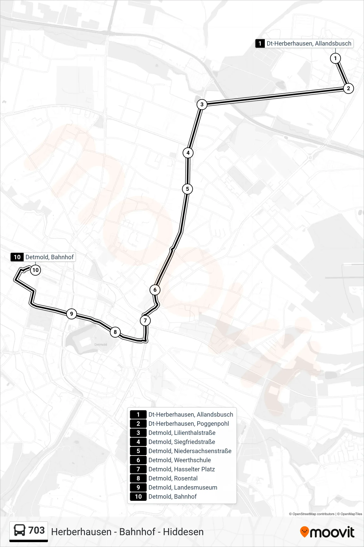 703 bus Line (Bahnhof) route and stops on a map