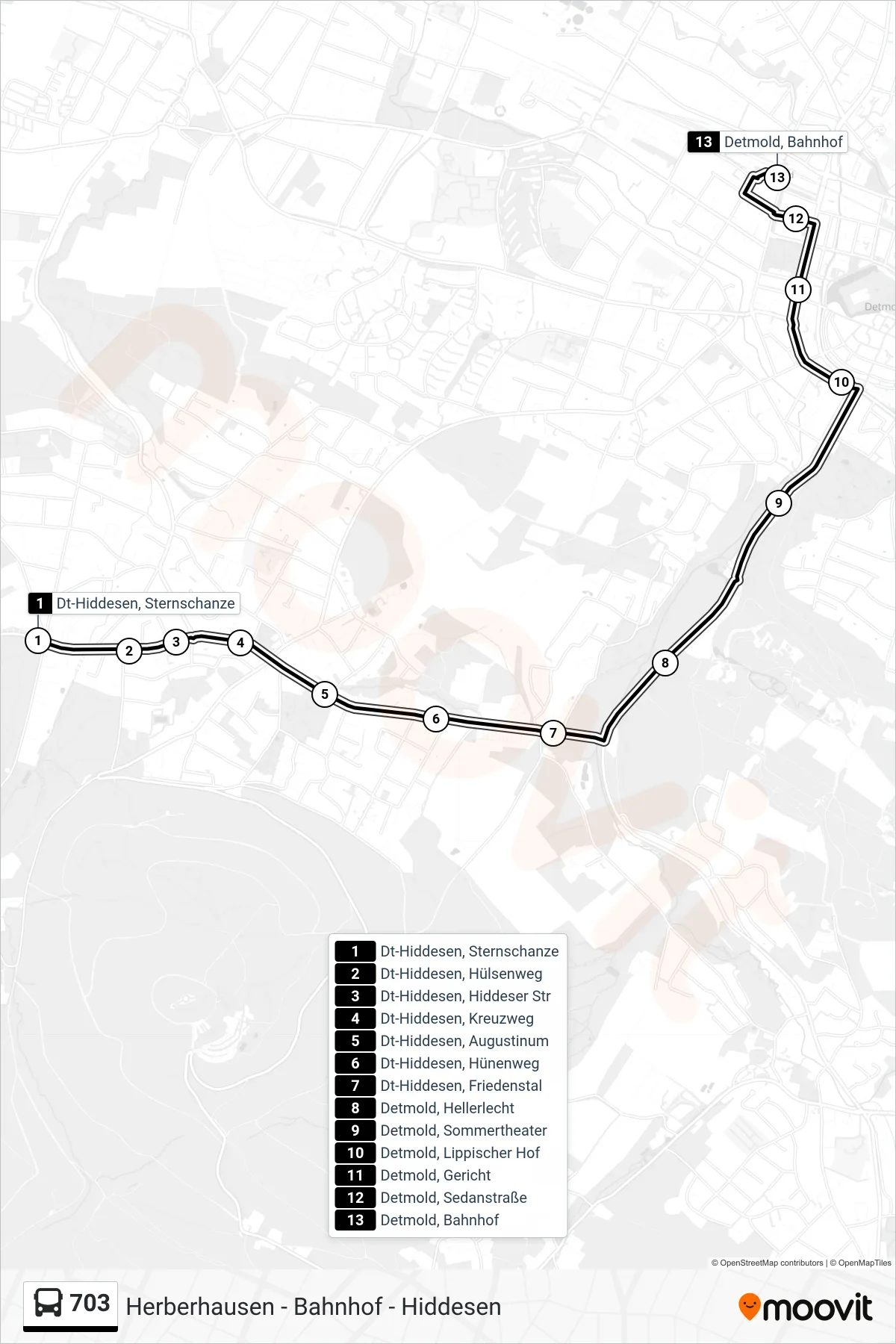 703 bus Line (Detmold, Bahnhof Steig 4) route and stops on a map