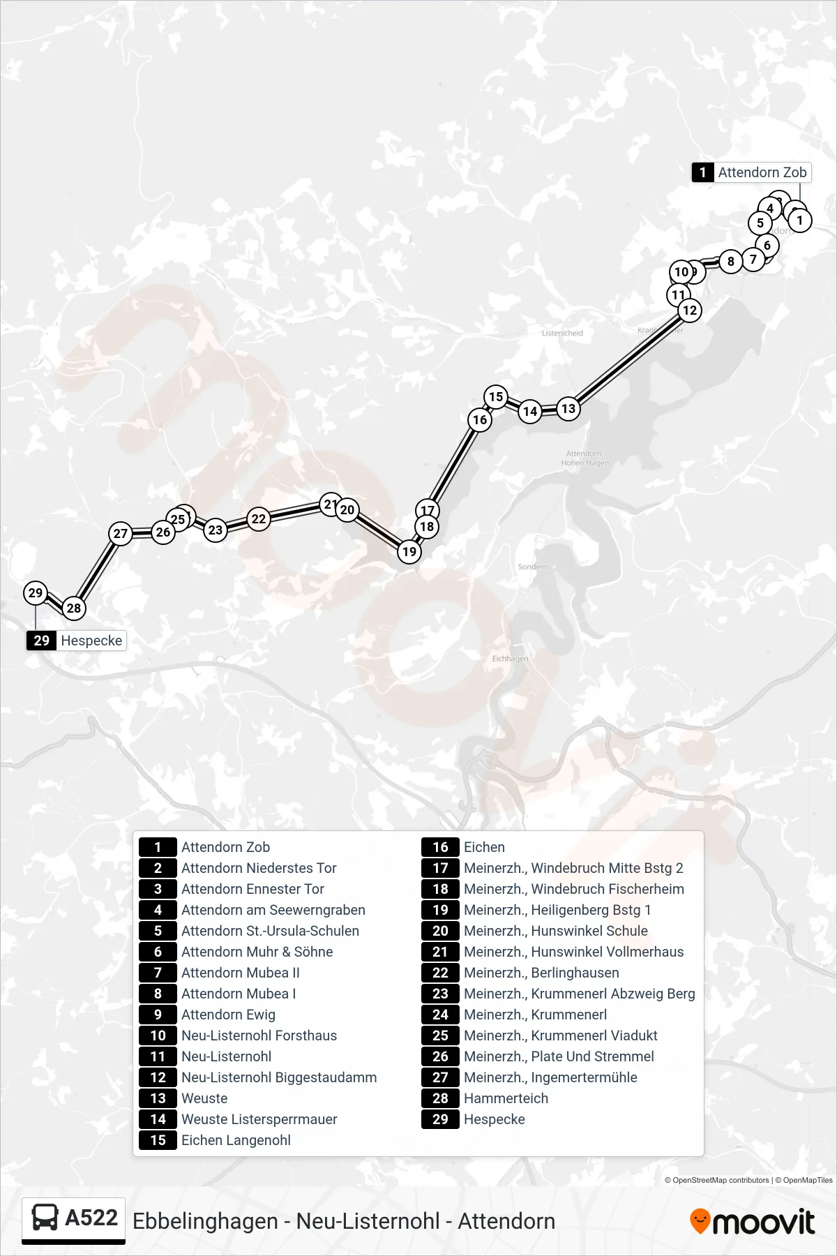 Linie A522 (Bus) Richtung Hespecke: Route und Haltestellen auf der Karte