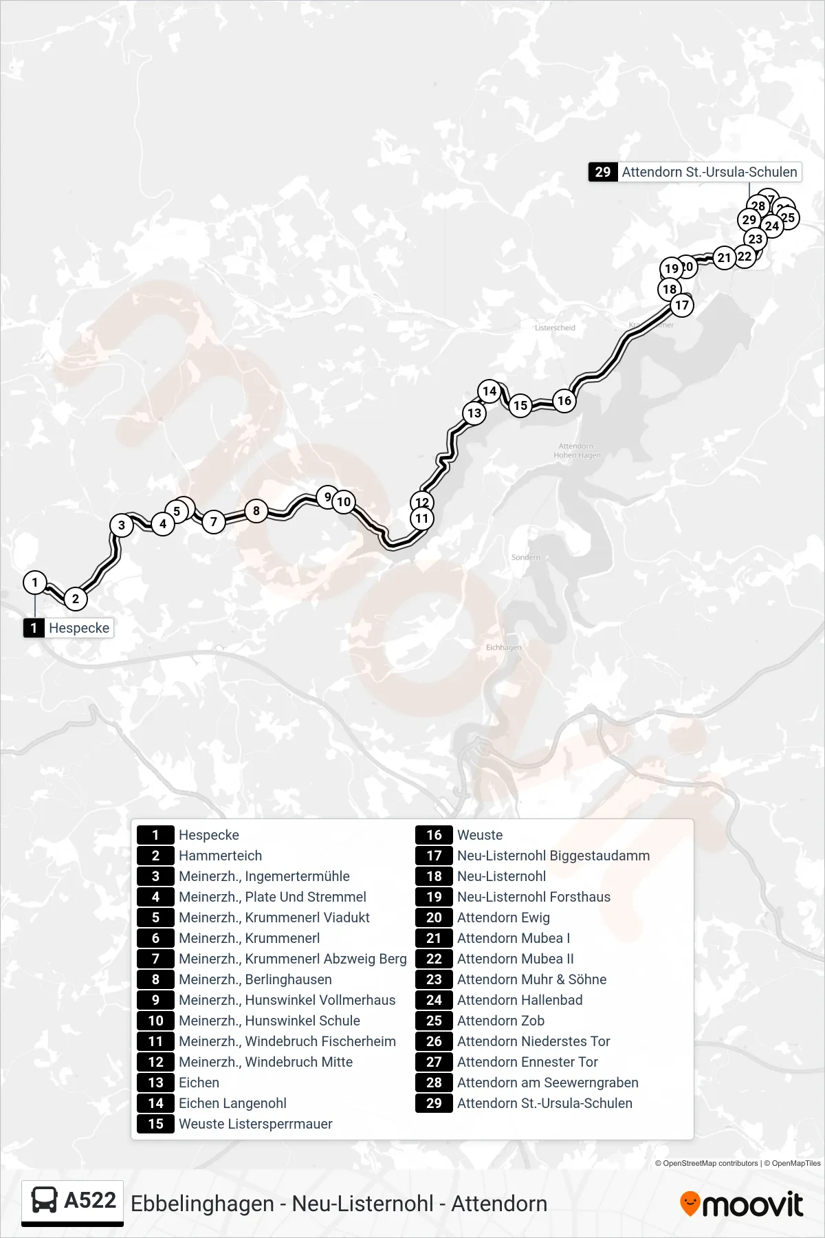 Linie A522 (Bus) Richtung Attendorn St.-Ursula-Schulen: Route und Haltestellen auf der Karte