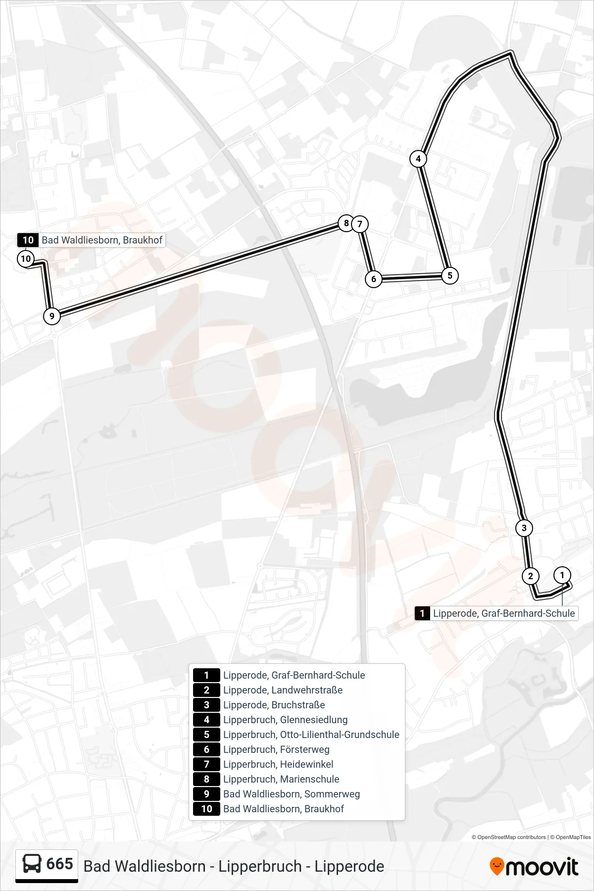 665 bus Line (Bad Waldliesborn, Braukhof) route and stops on a map