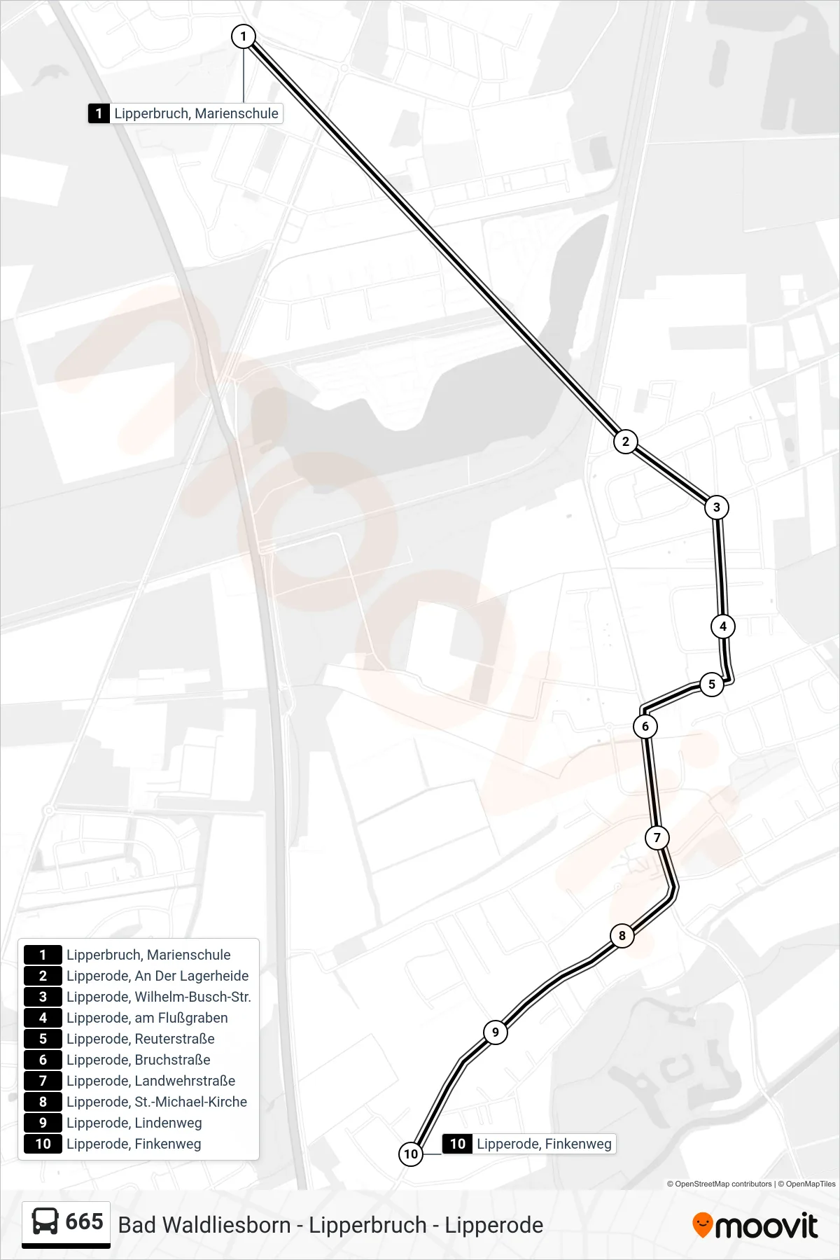 Linie 665 (Bus) Richtung Lipperode, Finkenweg: Route und Haltestellen auf der Karte