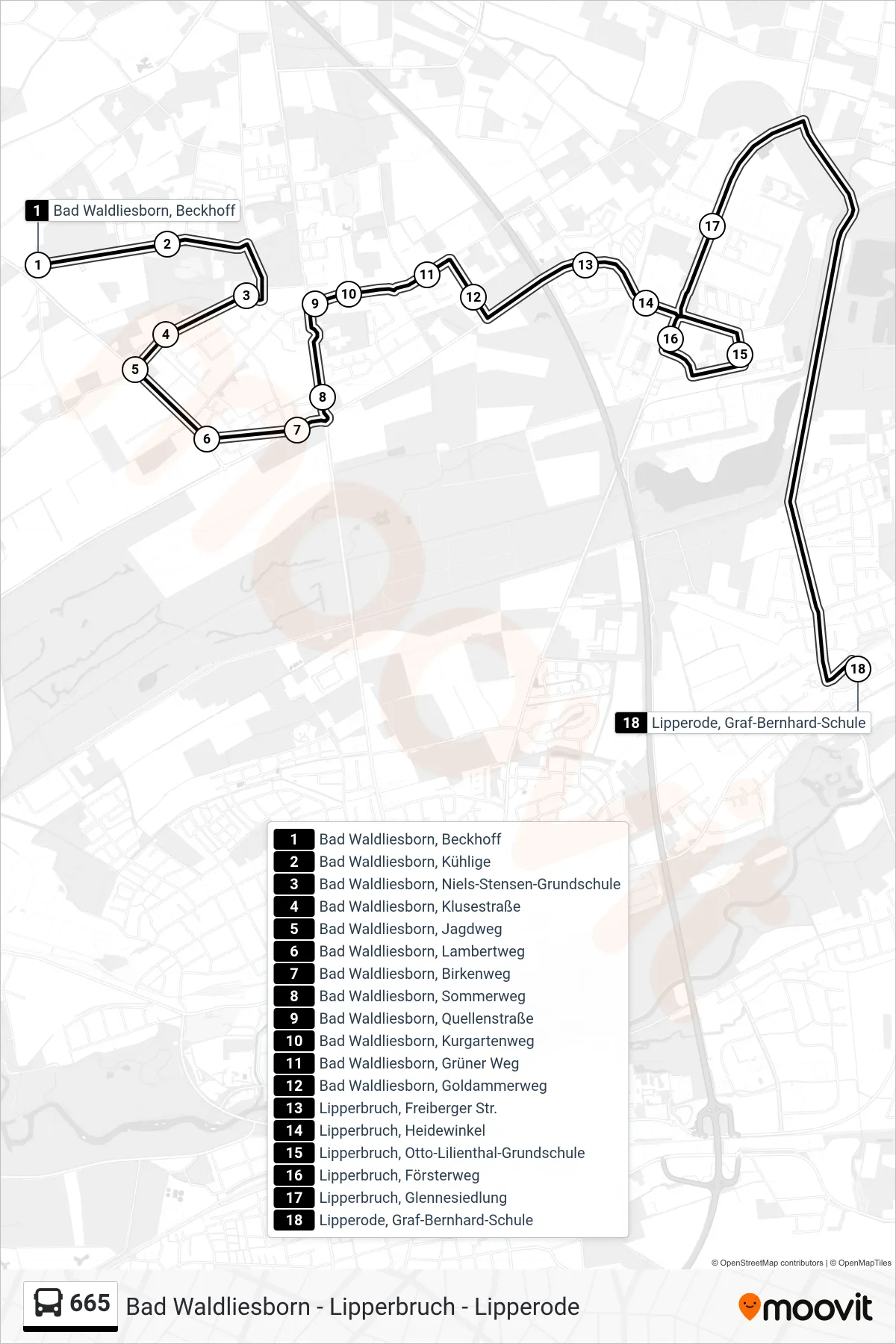 665 bus Line (Lipperode, Graf-Bernhard-Schule) route and stops on a map