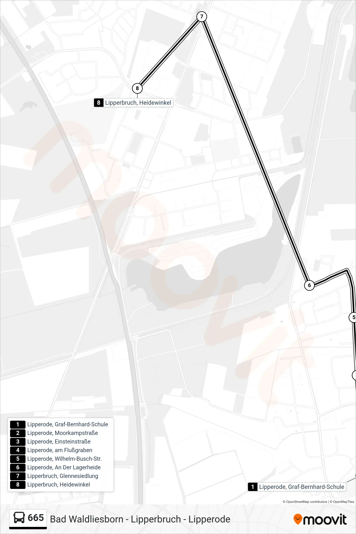 665 bus Line (Lipperbruch, Heidewinkel) route and stops on a map