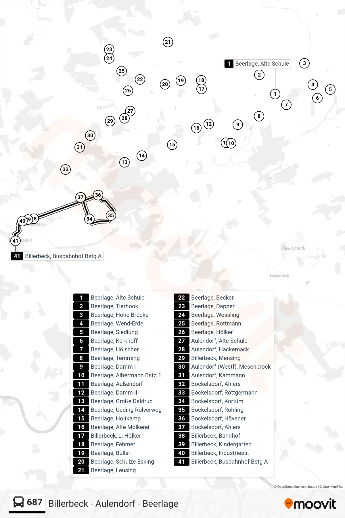 687 bus Line (Billerbeck, Busbahnhof Bstg A) route and stops on a map