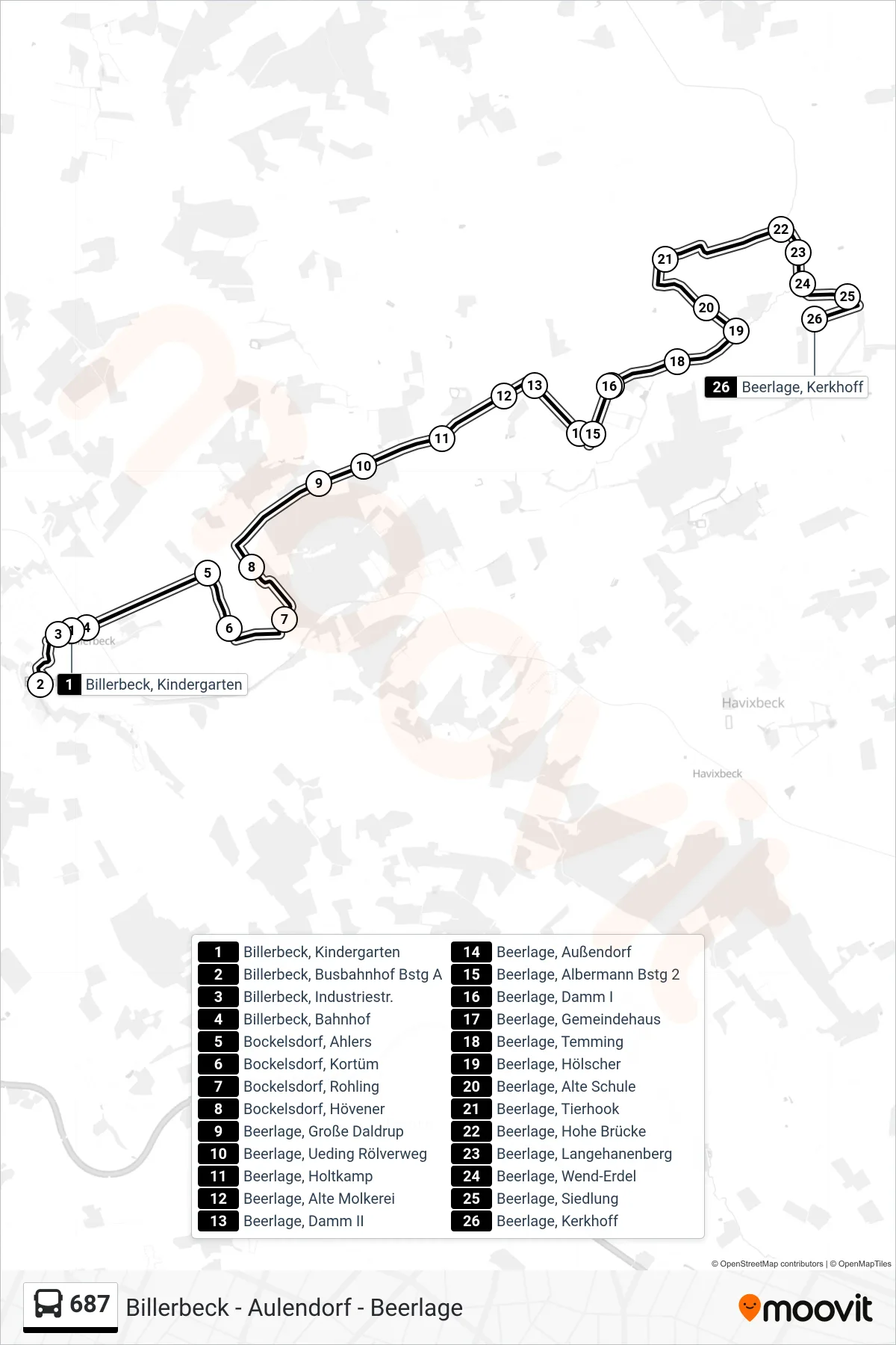 687 bus Line (Beerlage, Kerkhoff) route and stops on a map