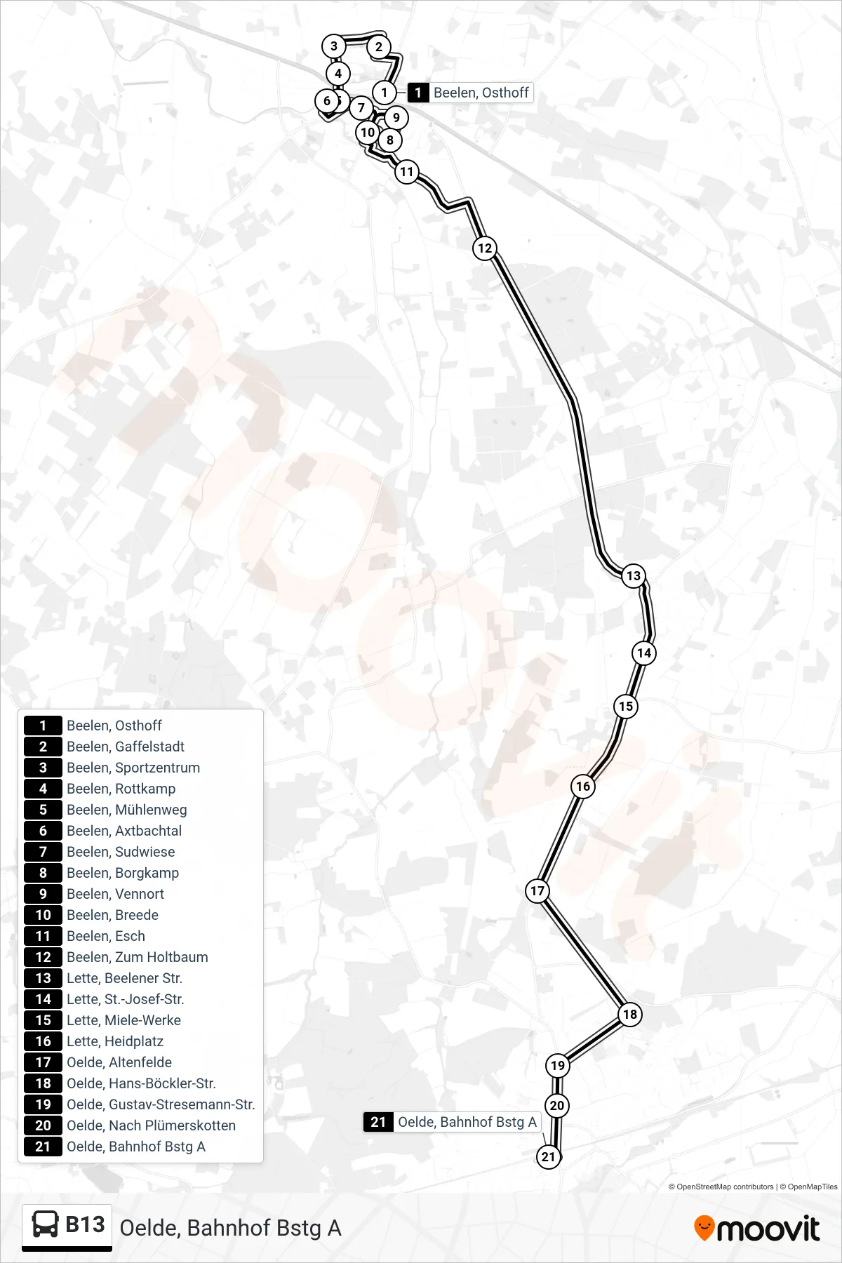 B13 bus Line (Oelde, Bahnhof Bstg A) route and stops on a map