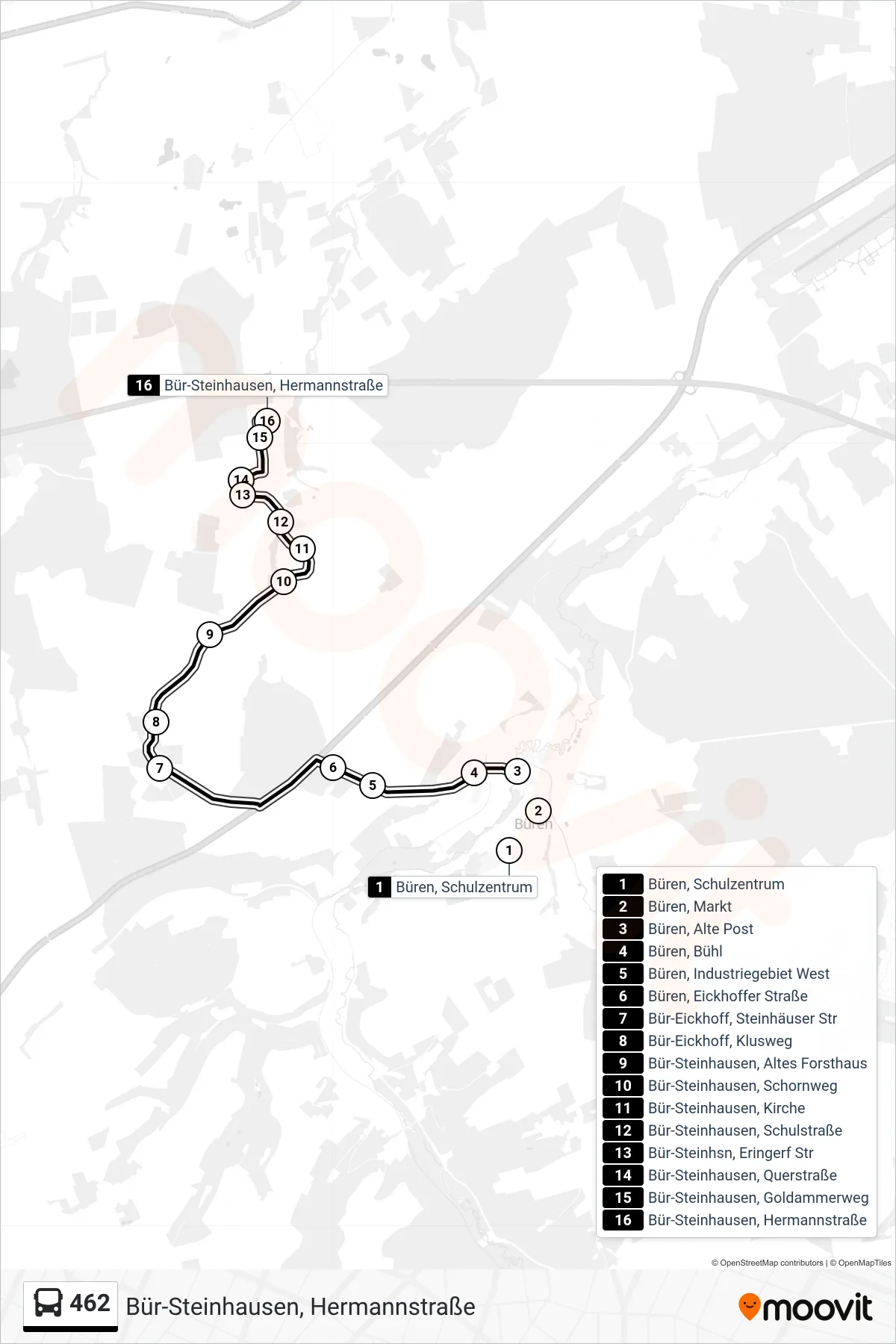 462 bus Line (Bür-Steinhausen, Hermannstraße) route and stops on a map