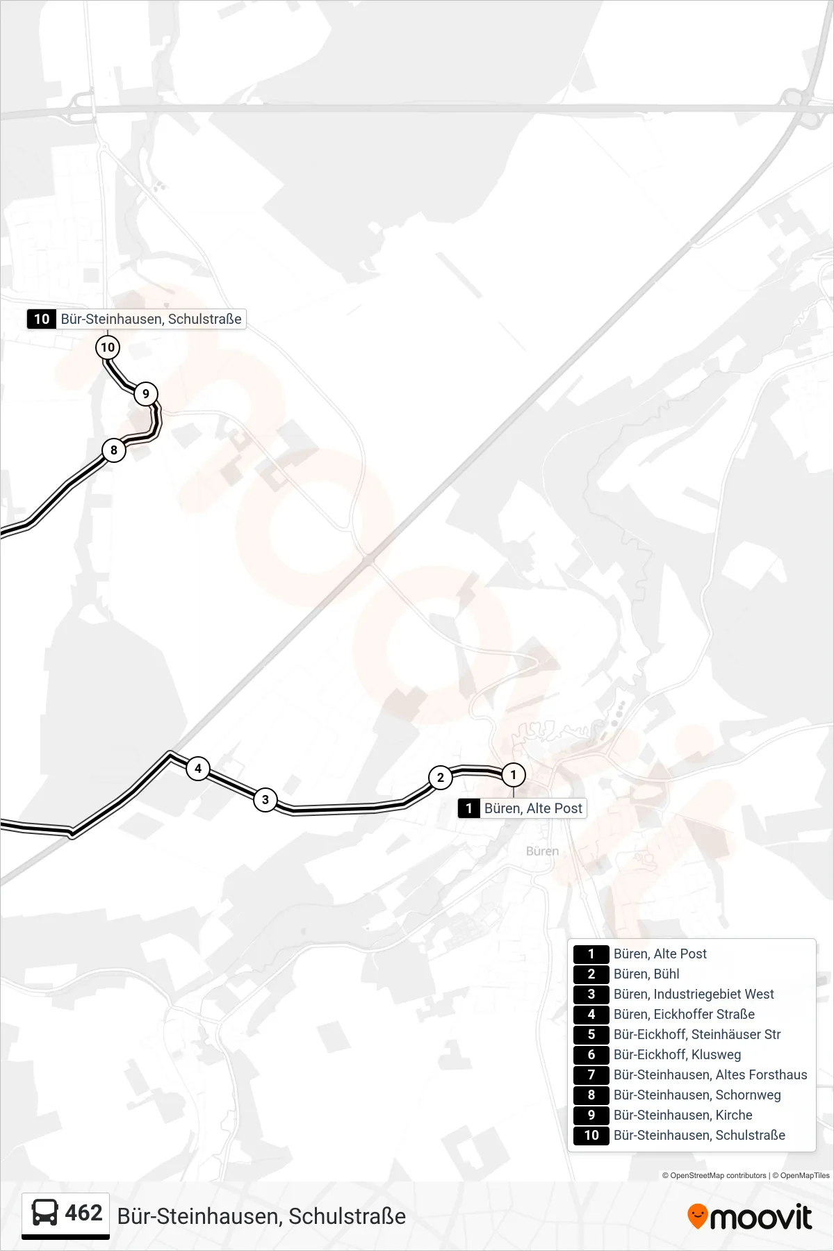 462 bus Line (Bür-Steinhausen, Schulstraße) route and stops on a map