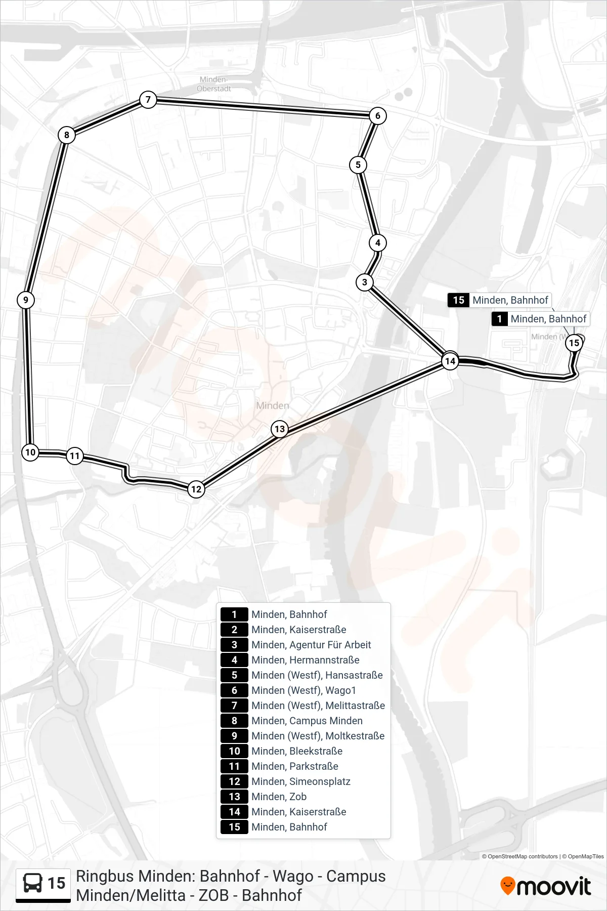 Linie 15 (Bus) Richtung Minden, Bahnhof: Route und Haltestellen auf der Karte
