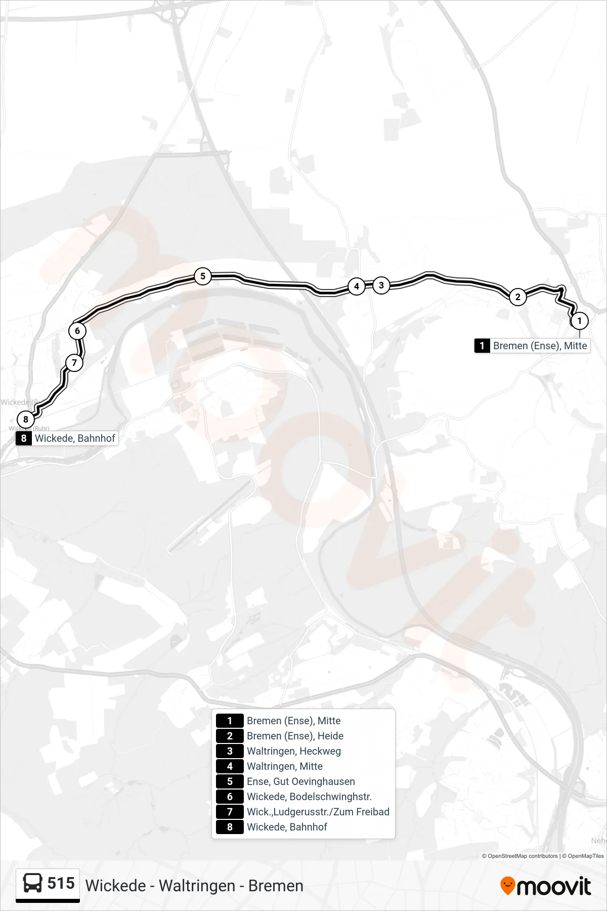 Linie 515 (Bus) Richtung Wickede, Bahnhof: Route und Haltestellen auf der Karte