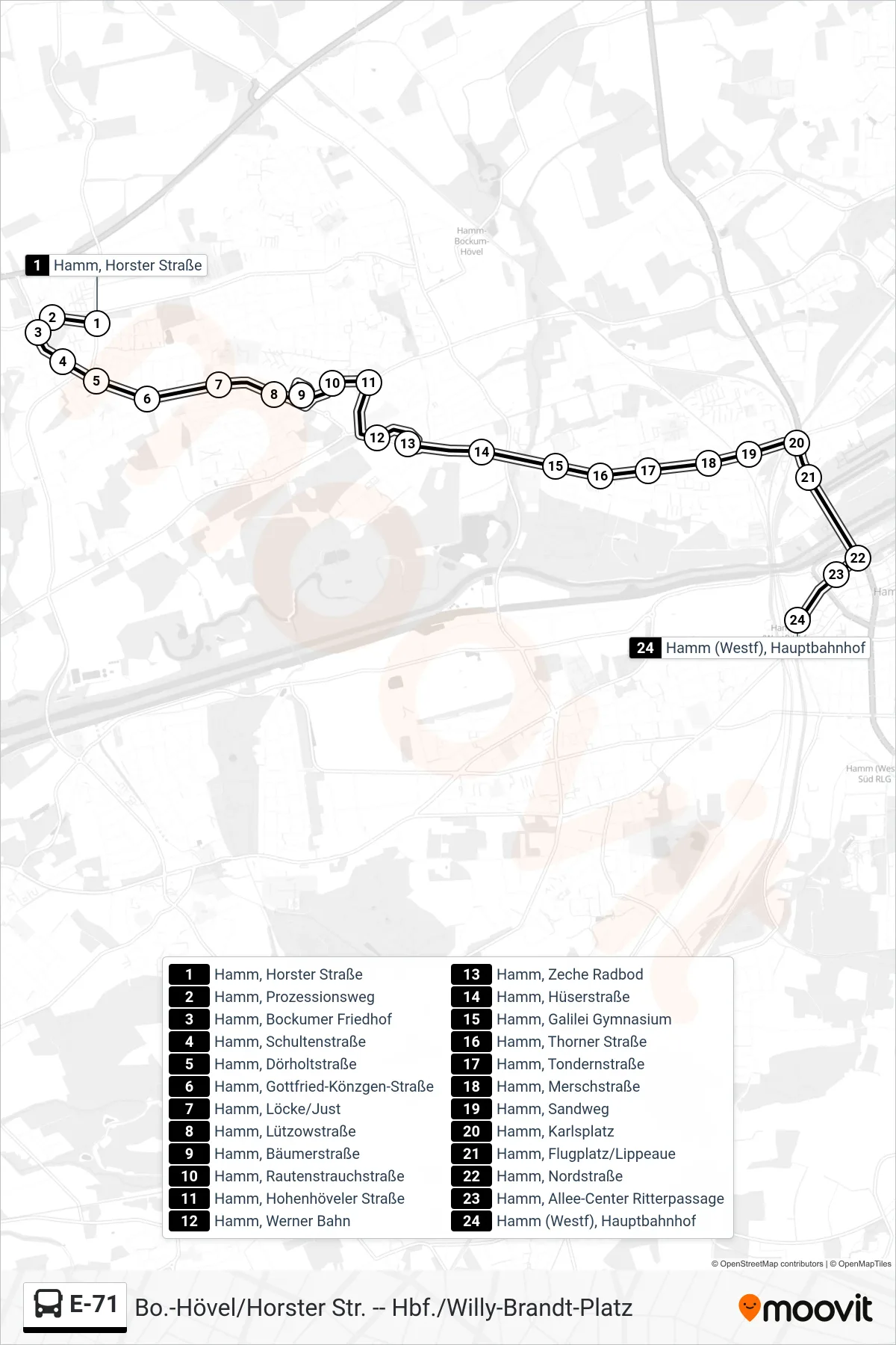 Linie E-71 (Bus) Richtung Hamm (Westf), Hauptbahnhof Bstg 1+2: Route und Haltestellen auf der Karte