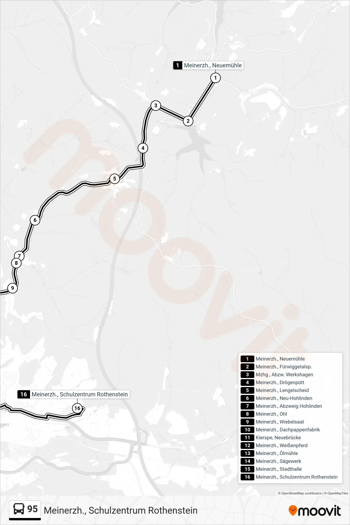 95 bus Line (Meinerzh., Schulzentrum Rothenstein) route and stops on a map