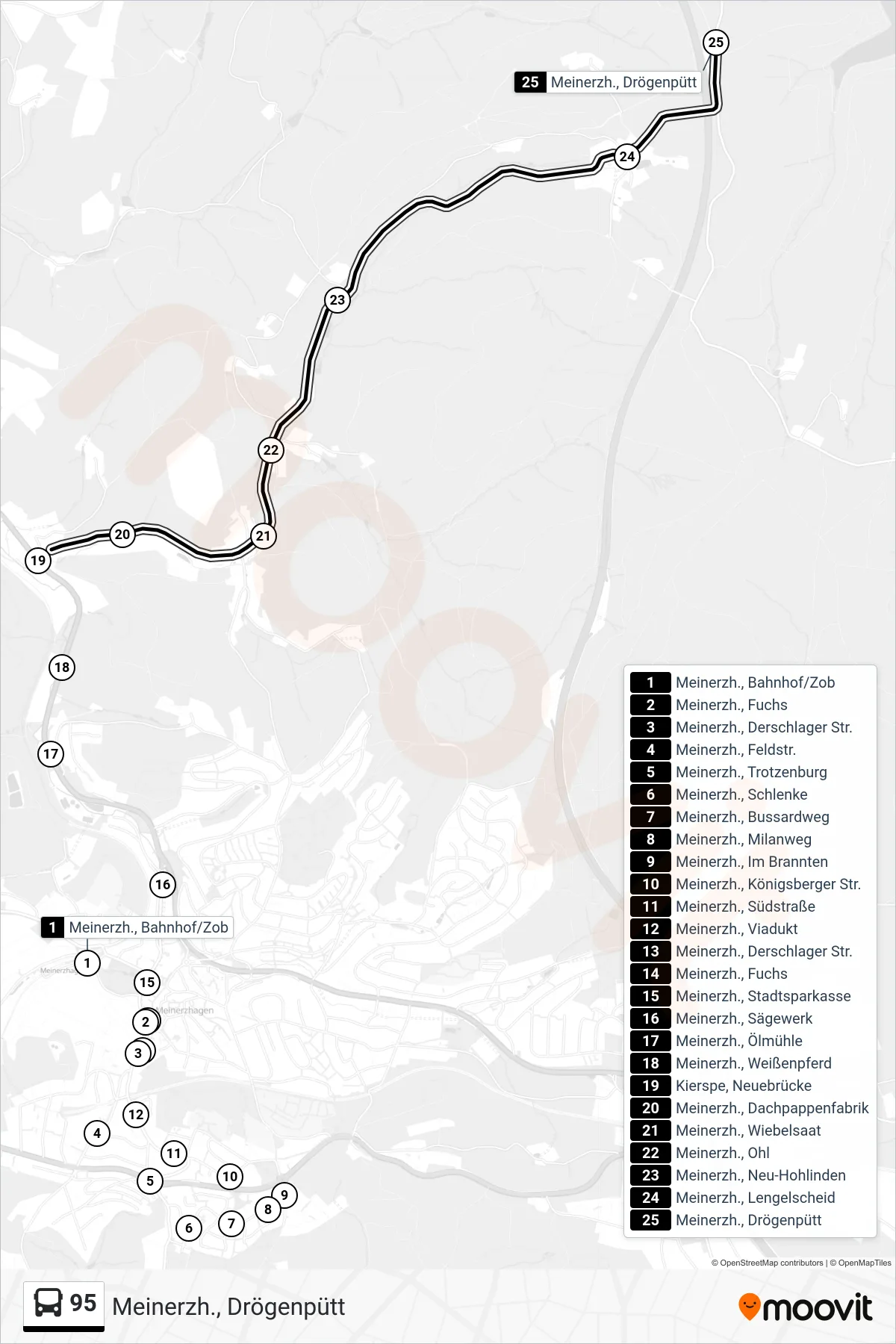 95 bus Line (Meinerzh., Drögenpütt) route and stops on a map