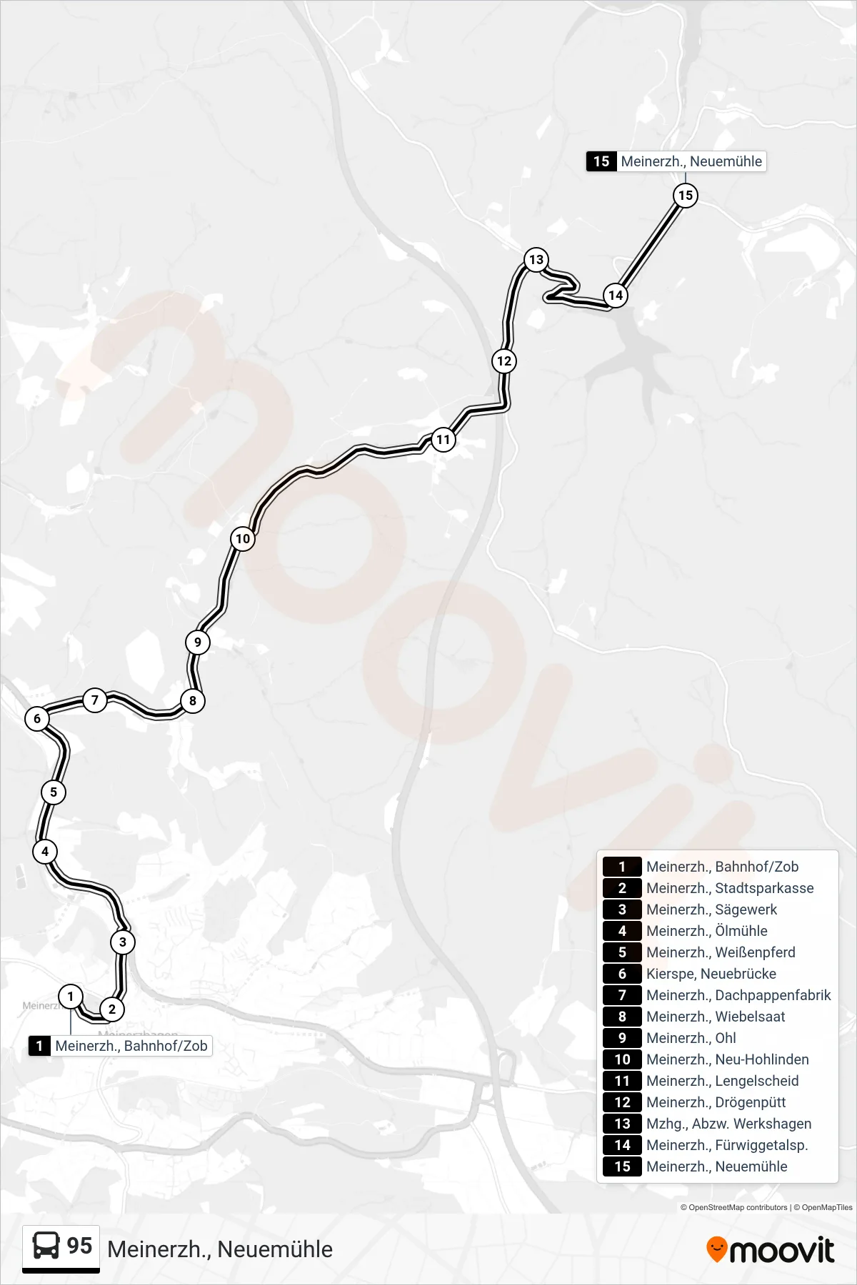 95 bus Line (Meinerzh., Neuemühle) route and stops on a map
