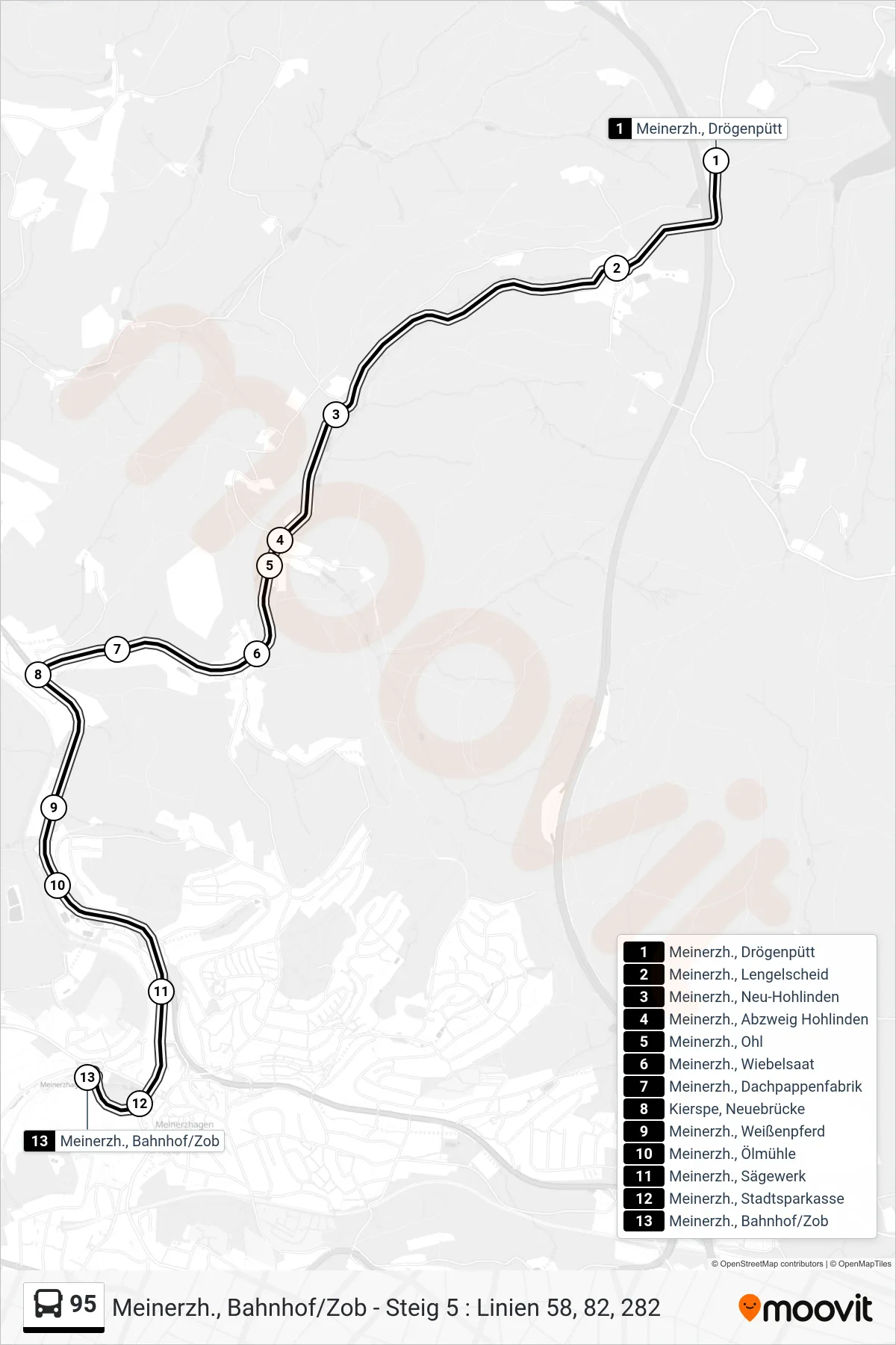 95 bus Line (Meinerzh., Bahnhof/Zob - Steig 5 : Linien 58, 82, 282) route and stops on a map