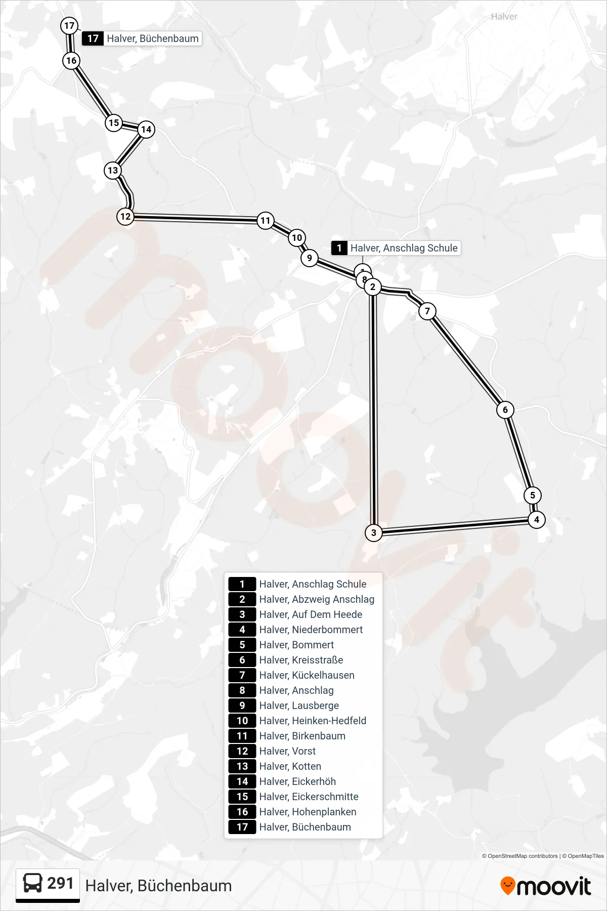 291 bus Line (Halver, Büchenbaum) route and stops on a map