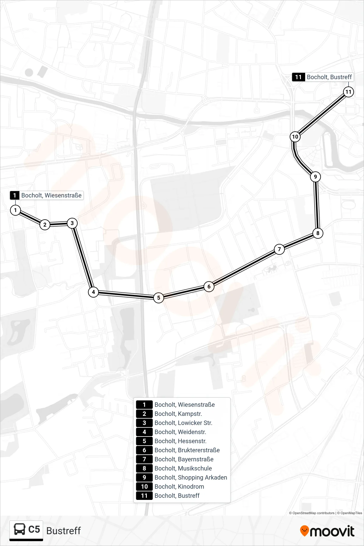 C5 tram Line (Bustreff) route and stops on a map