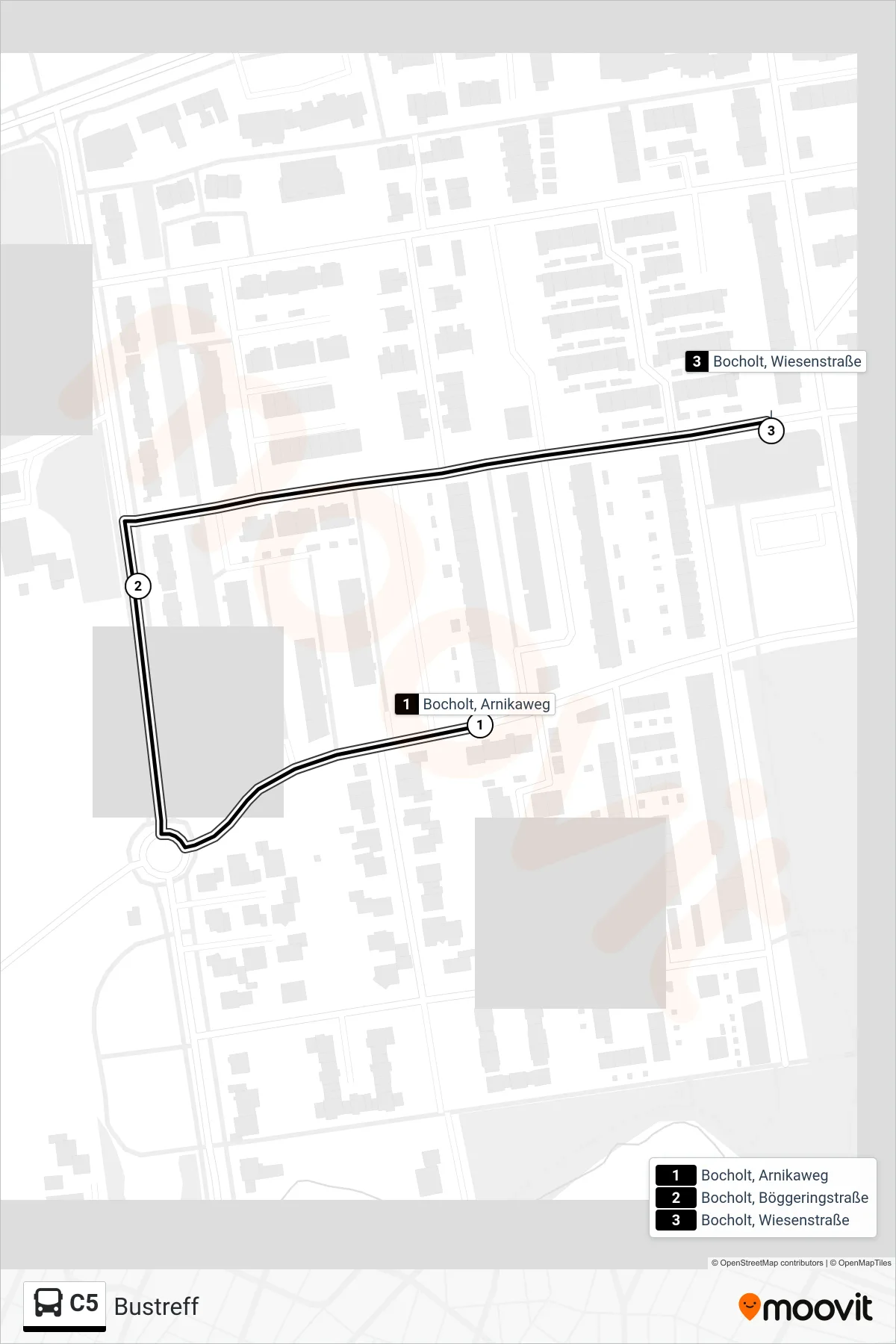 C5 tram Line (Bustreff) route and stops on a map