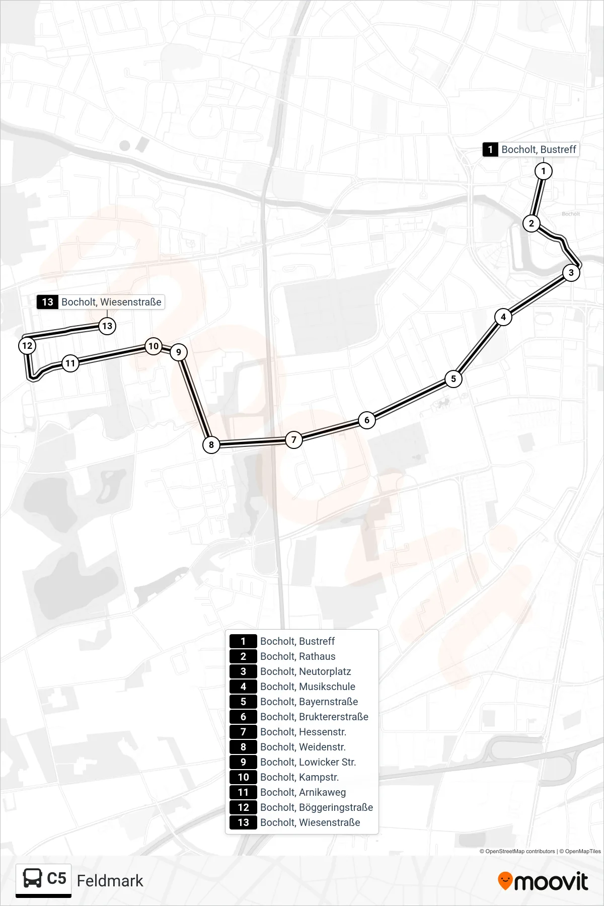 Linie C5 (Tram) Richtung Feldmark: Route und Haltestellen auf der Karte