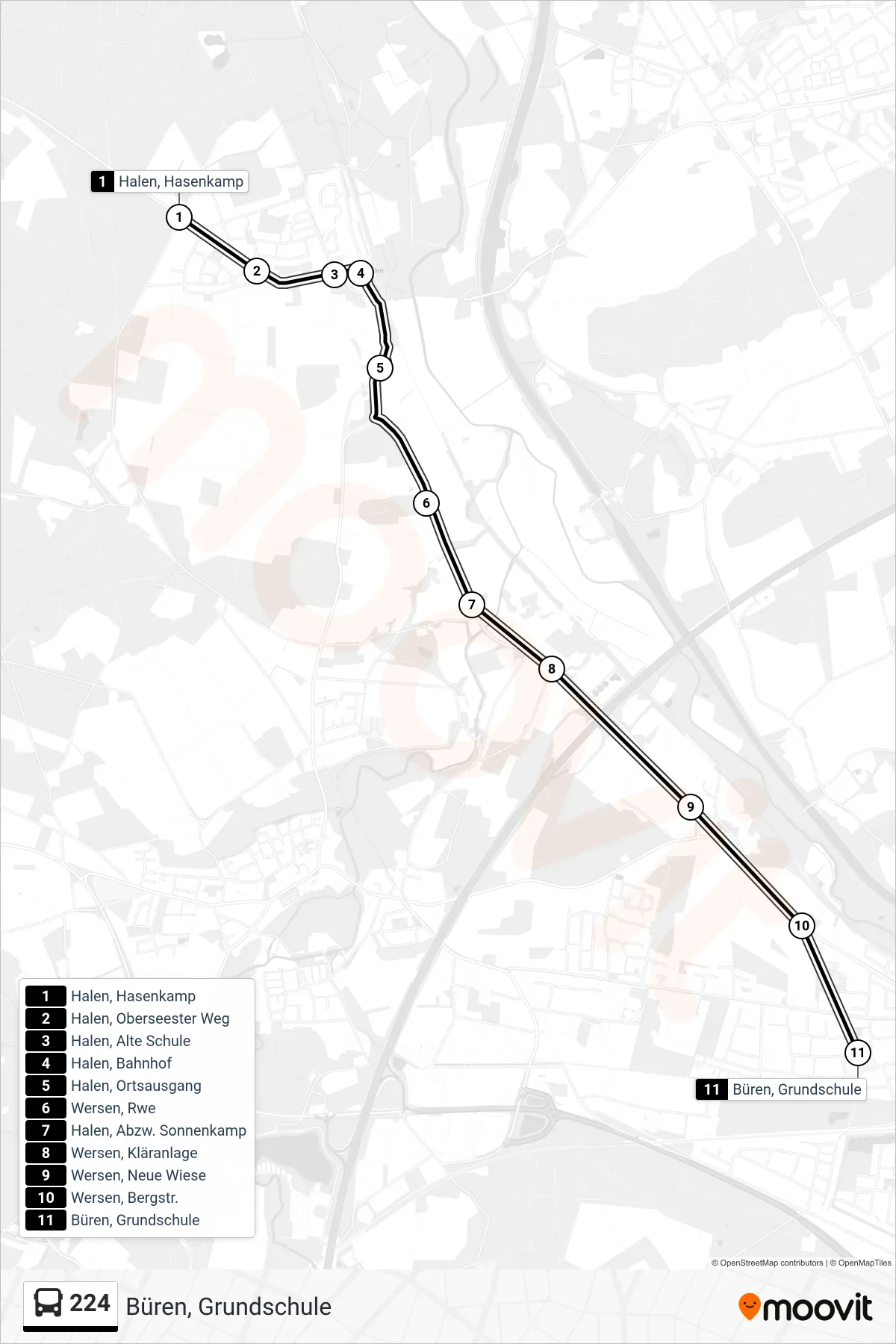 224 bus Line (Büren, Grundschule) route and stops on a map