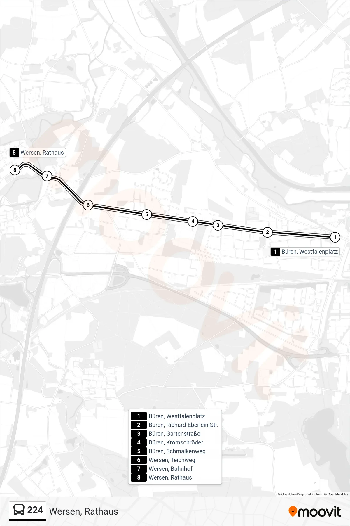 224 bus Line (Wersen, Rathaus) route and stops on a map