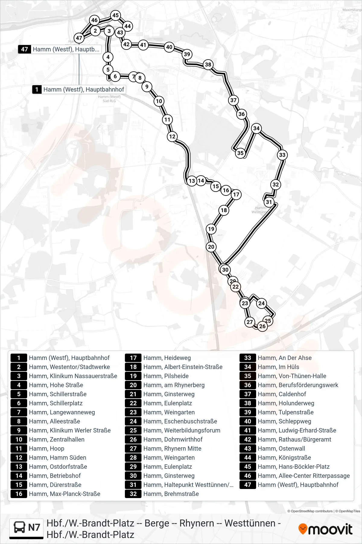 Linie N7 (Bus) Richtung Hamm (Westf), Hauptbahnhof Bstg 6: Route und Haltestellen auf der Karte