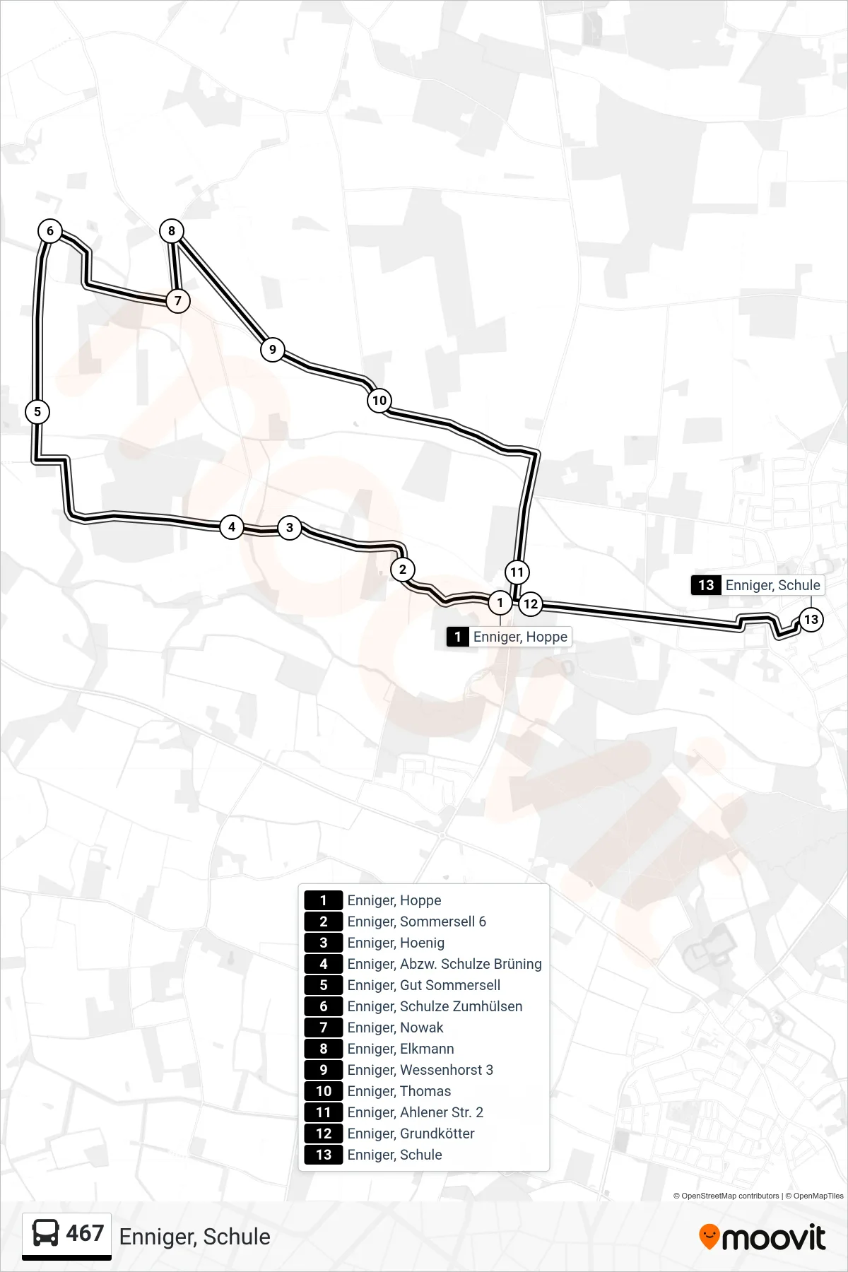 467 bus Line (Enniger, Schule) route and stops on a map