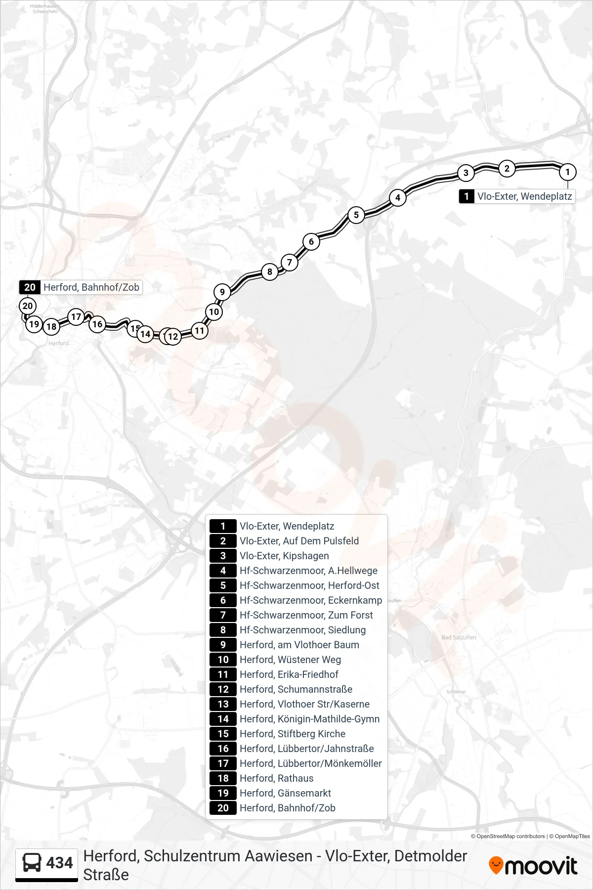 434 bus Line (Herford, Bahnhof/Zob A2) route and stops on a map