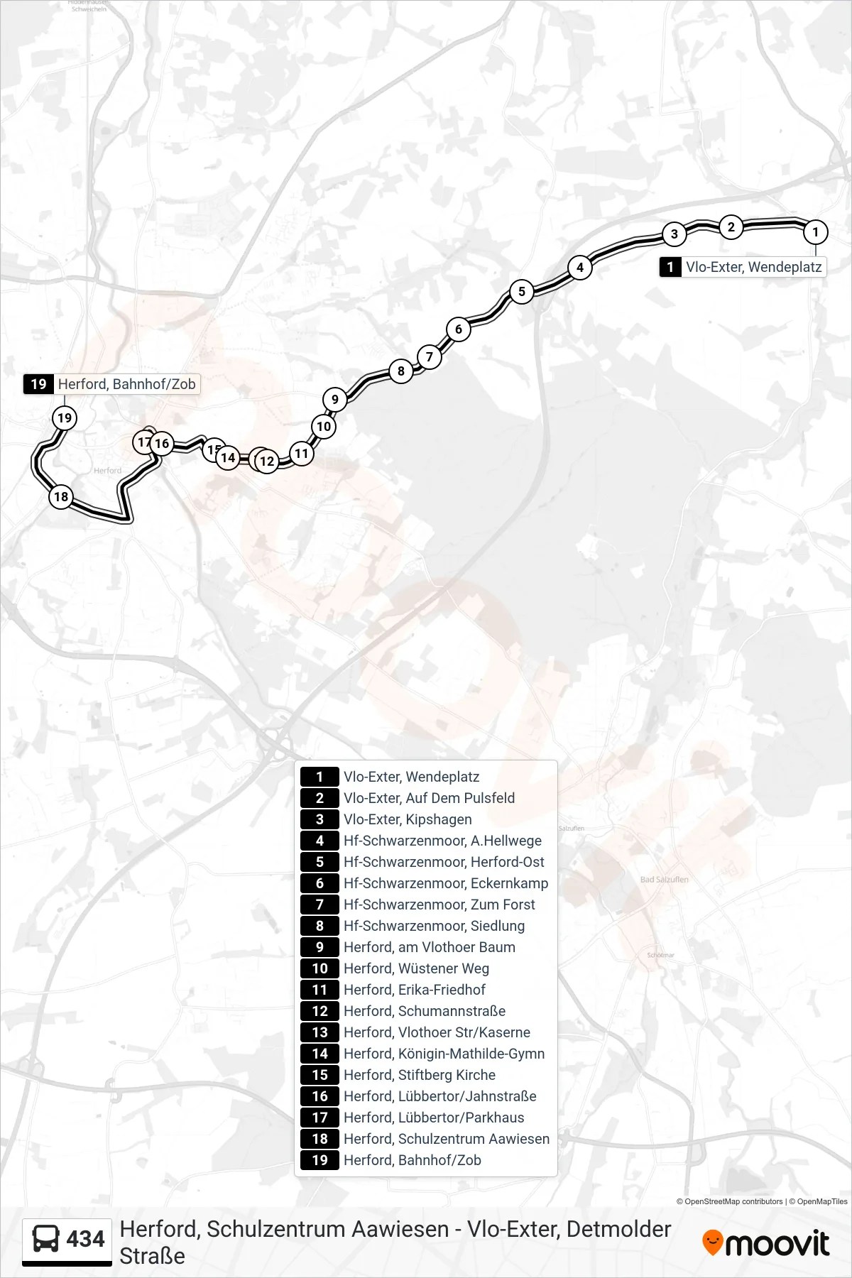 434 bus Line (Herford, Bahnhof/Zob A1) route and stops on a map