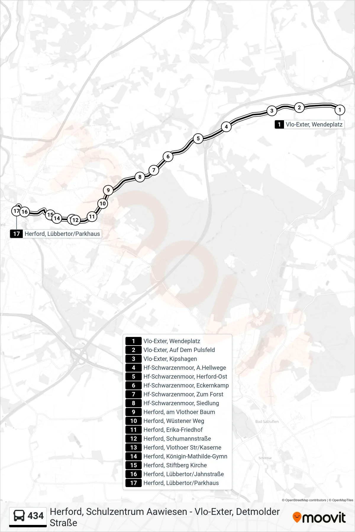 Linie 434 (Bus) Richtung Herford, Lübbertor/Parkhaus: Route und Haltestellen auf der Karte