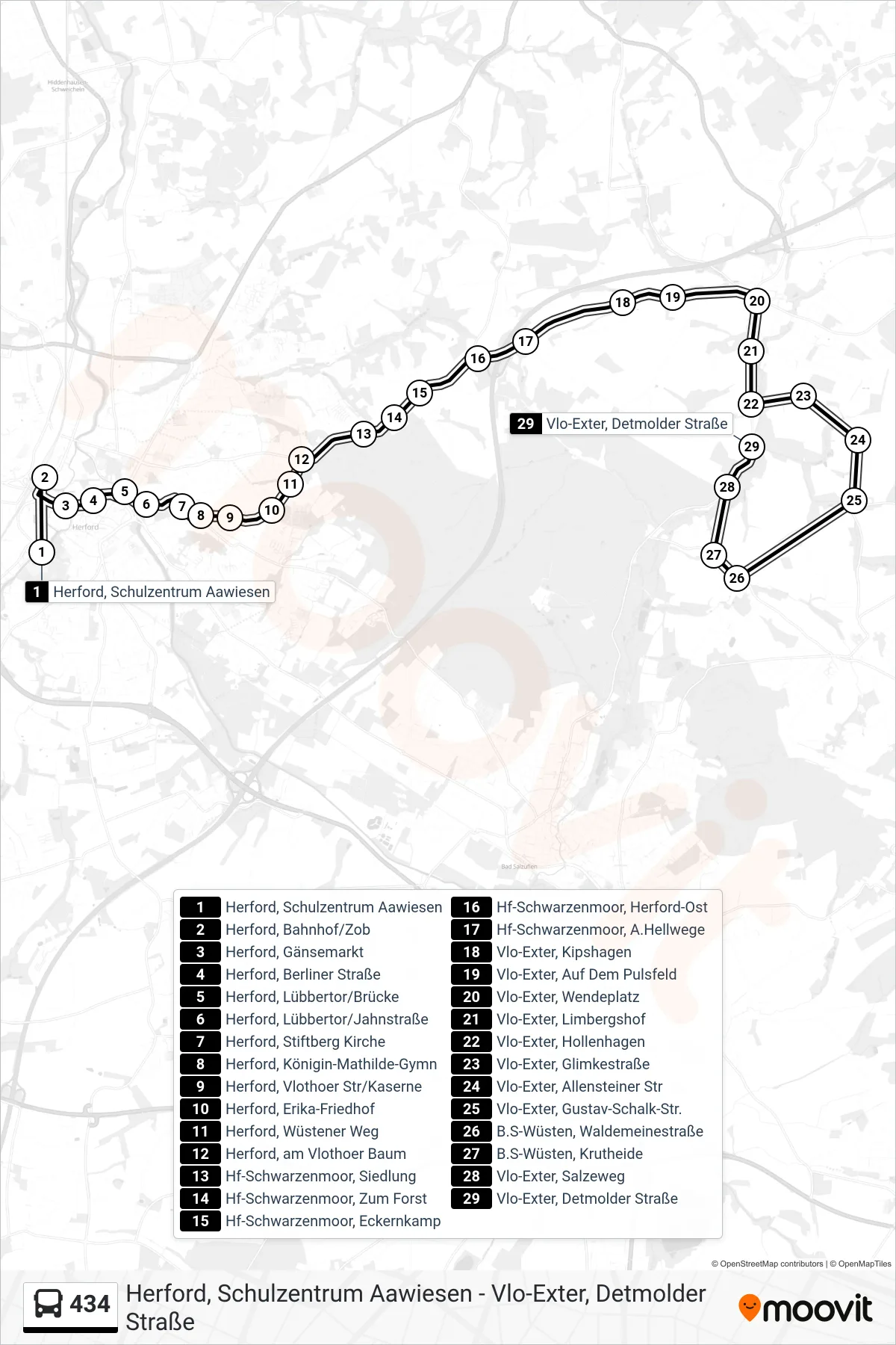 434 bus Line (Vlo-Exter, Detmolder Straße) route and stops on a map