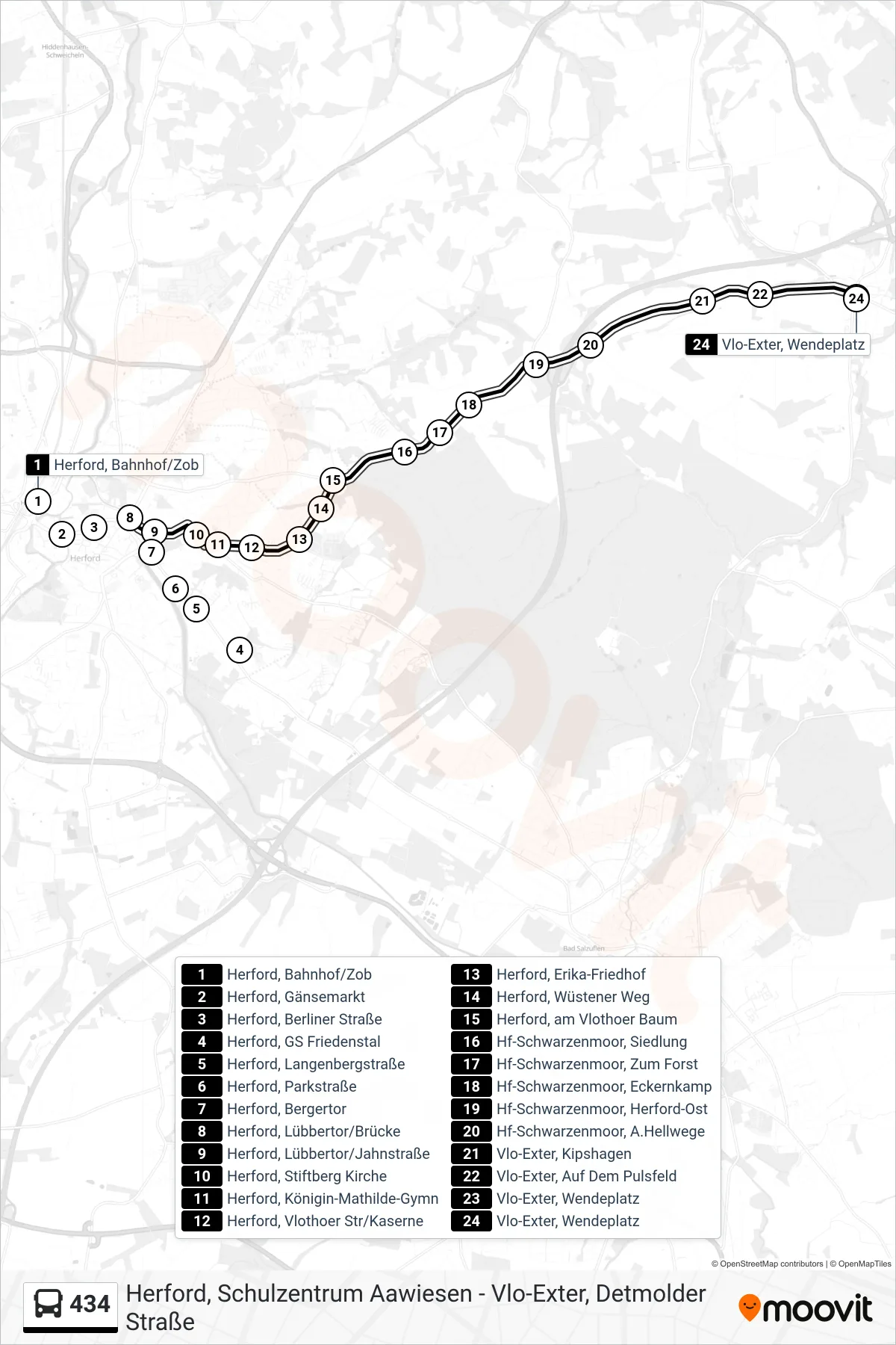 434 bus Line (Vlo-Exter, Wendeplatz) route and stops on a map