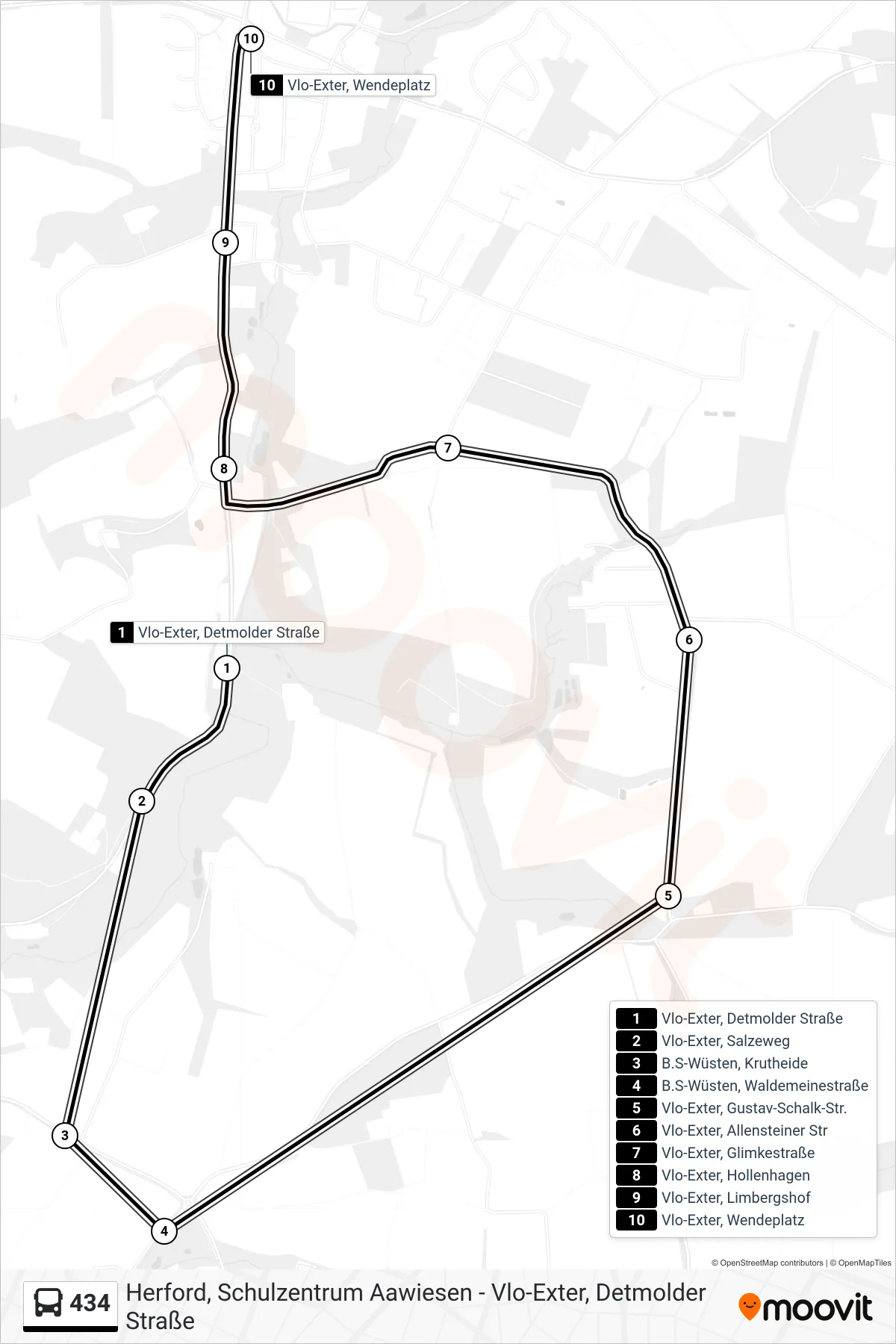 434 bus Line (Vlo-Exter, Wendeplatz) route and stops on a map