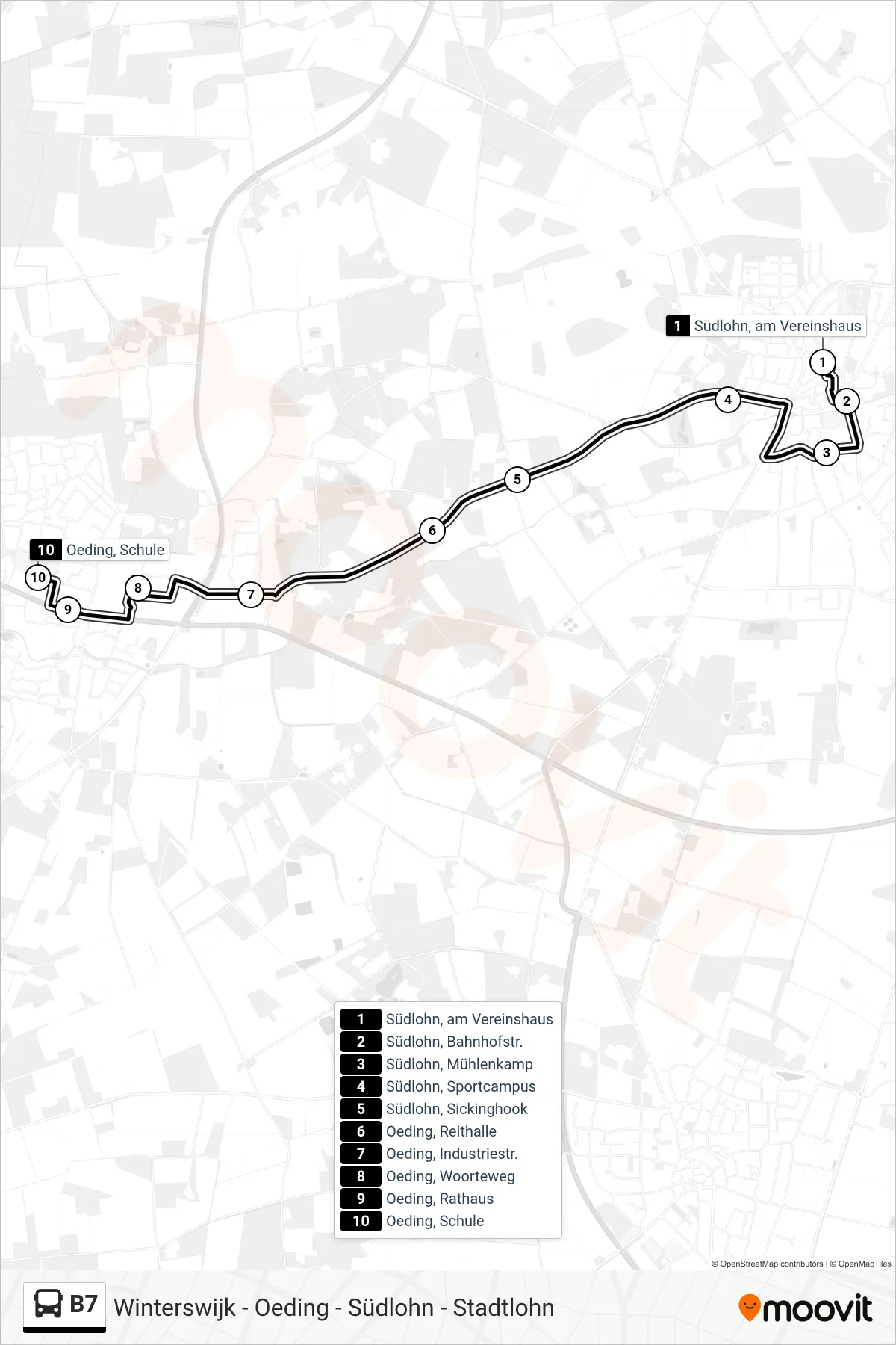 B7 bus Line (Oeding, Schule) route and stops on a map